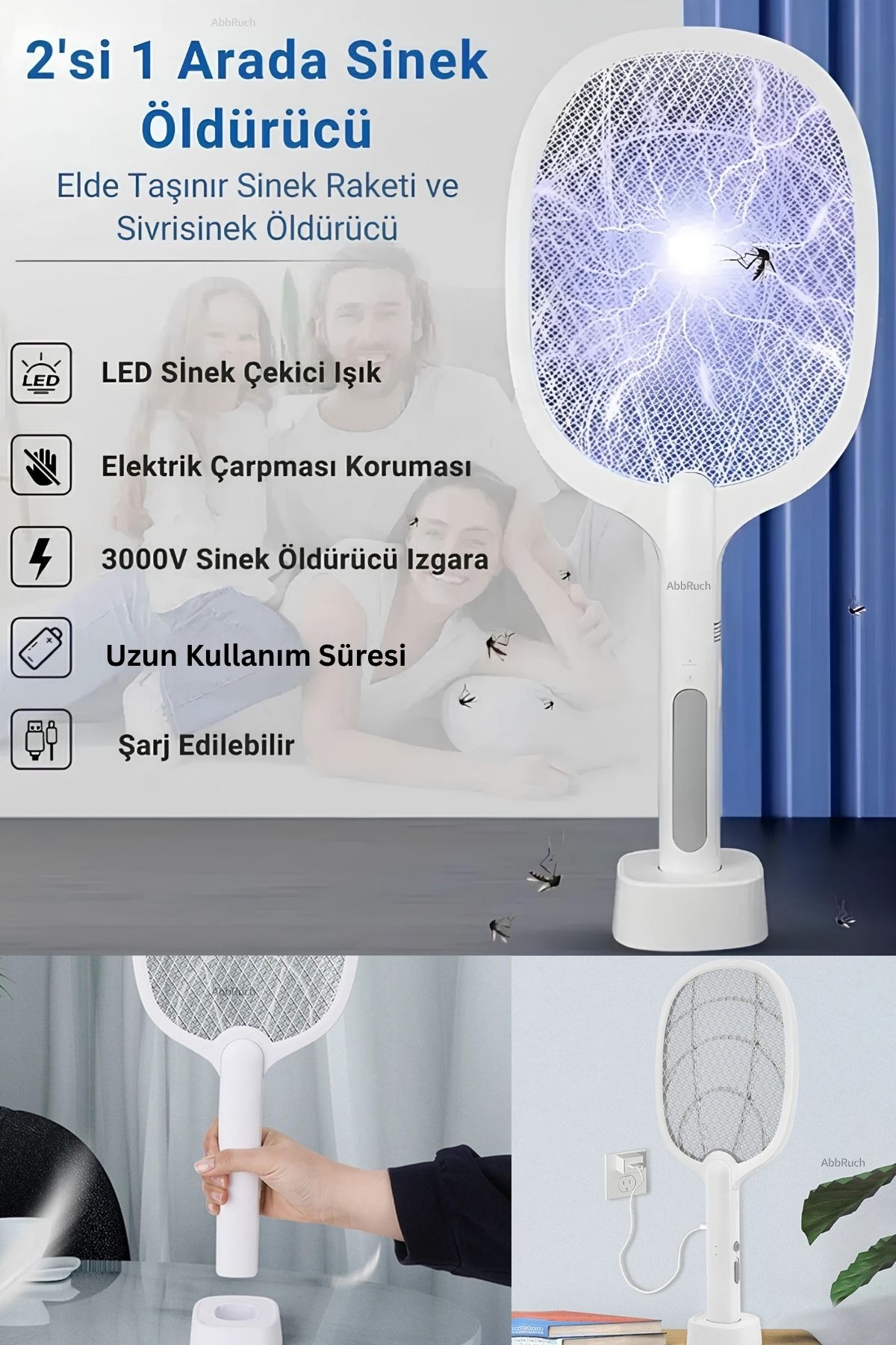 Abbruch Elektrikli Sivrisinek Öldürücü Raket Sinek Öldürücü Sineksavar Uv Işıklı USB Şarjlı Sinek Kovucu