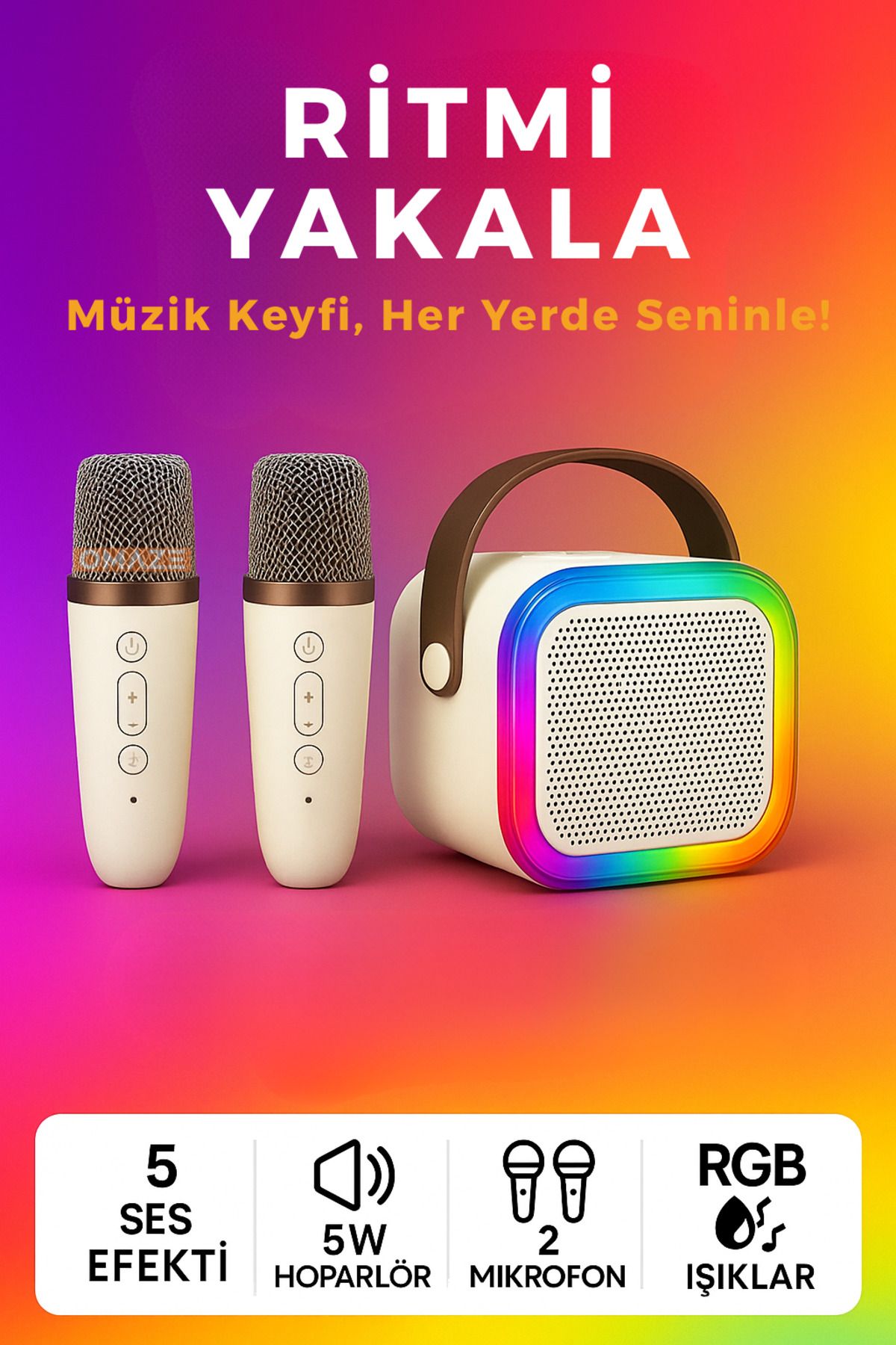 Omaze Mikrofonlu Karaoke Bluetooth Hoparlör Rgb Led Işıklı 5 Efektli Ses Bombası