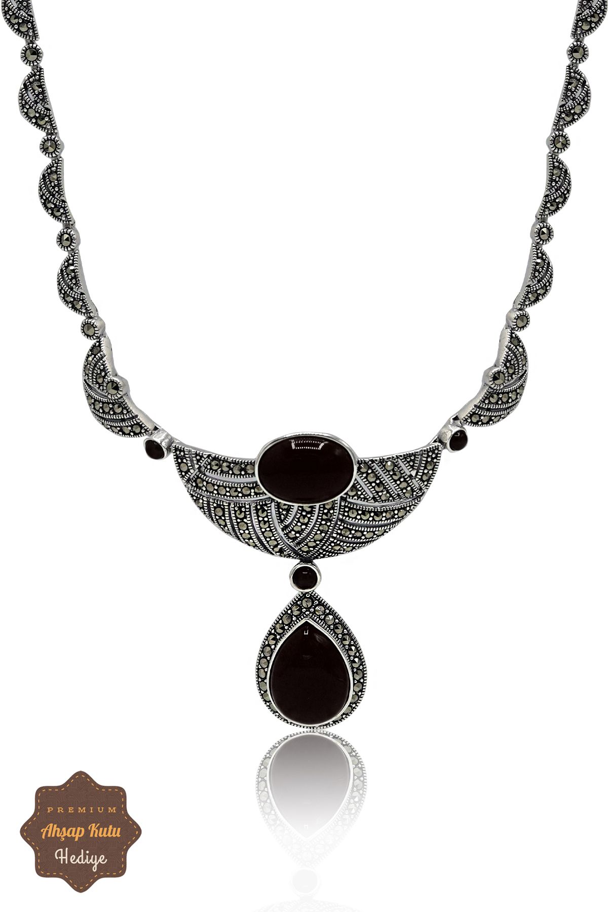 Midyat Nurtaş Gümüş Oniks Taşlı Sallantılı Damla Model Markazit Taşlı Gümüş Kadın Gerdanlık 201024272