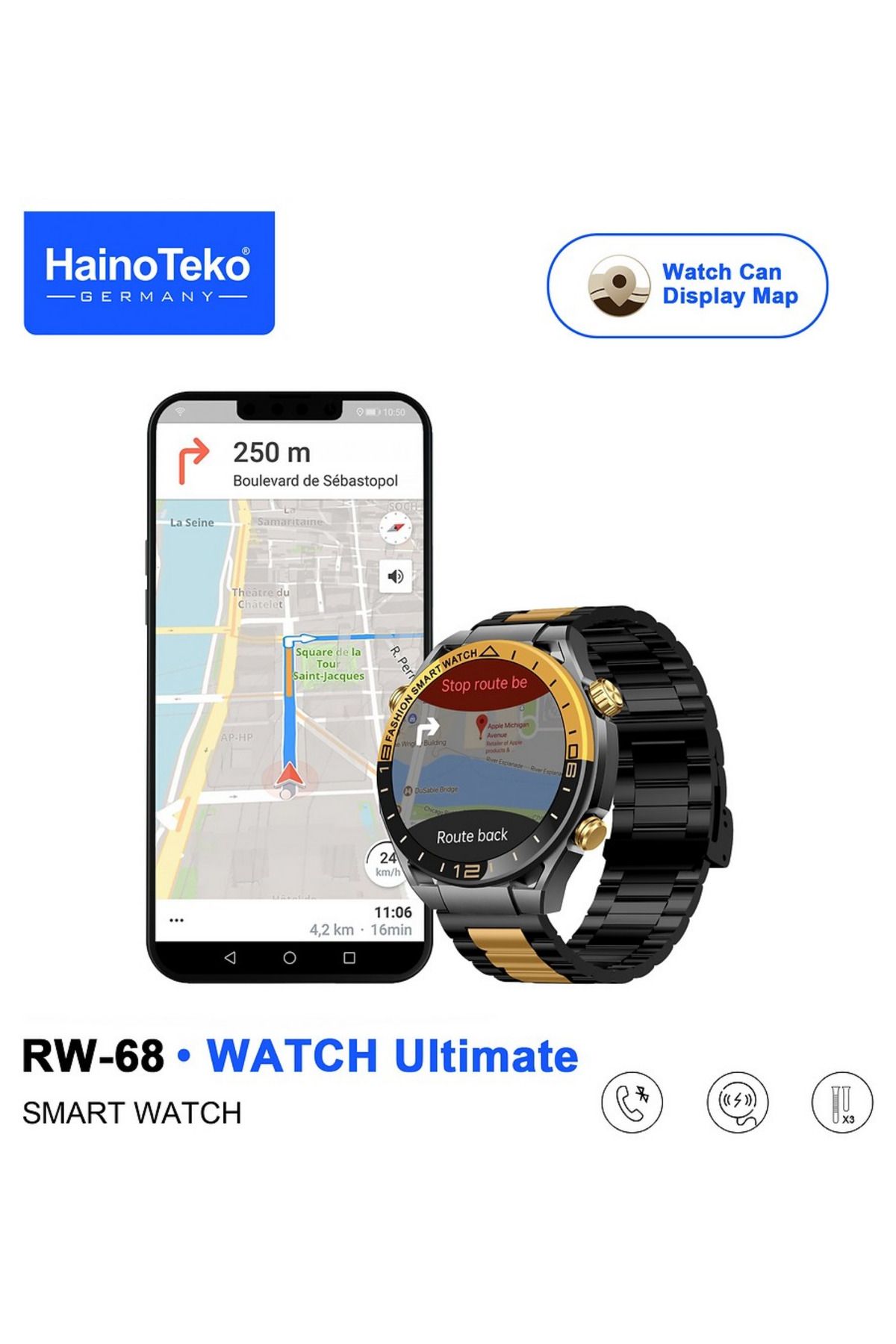BellaThec RW68 Ultimate Akıllı Saat 3 Kordonlu GPS Harita Okuma Bluetooth Arama Su Geçirmez