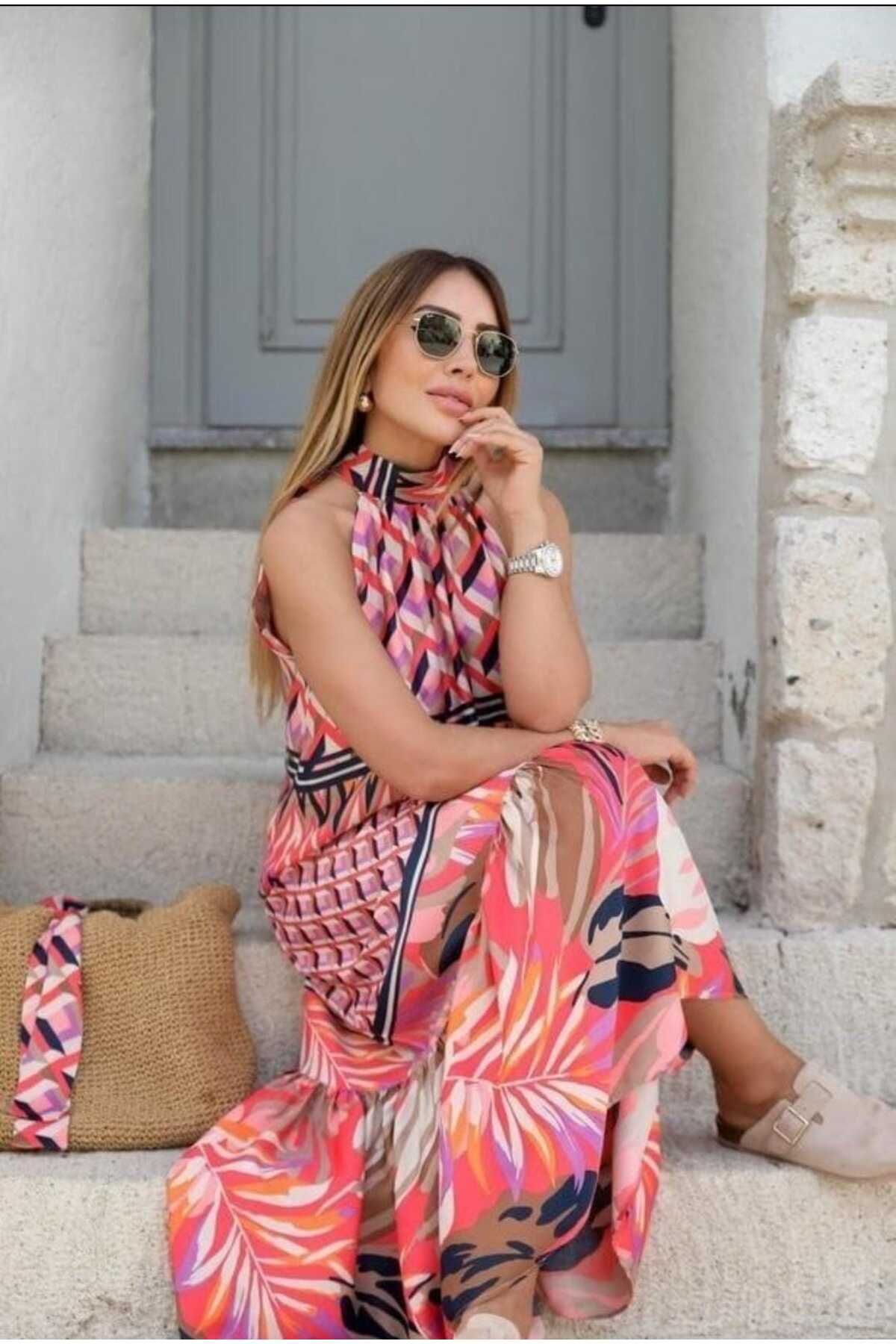 buketli collection boyundan bağlamalı uzun elbise