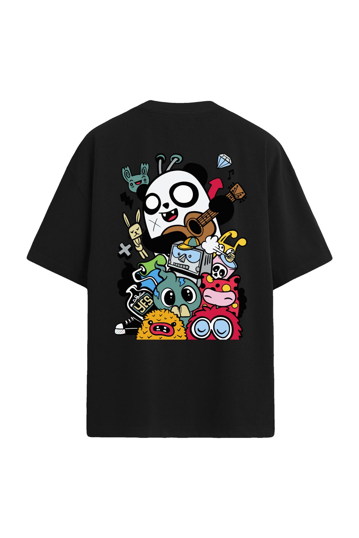 Colermi Panda ve Karakterler Sırt Baskılı Oversize T-Shirt