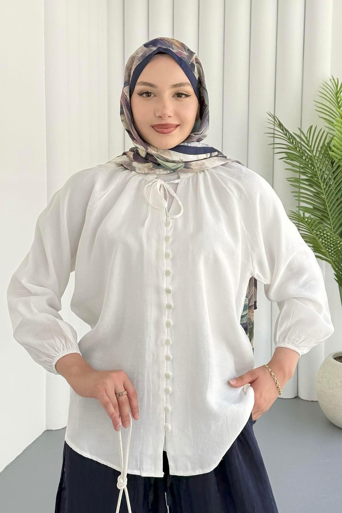 Modaensarbutik Boydan Düğmeli İp Bağlama Bluz-BEYAZ