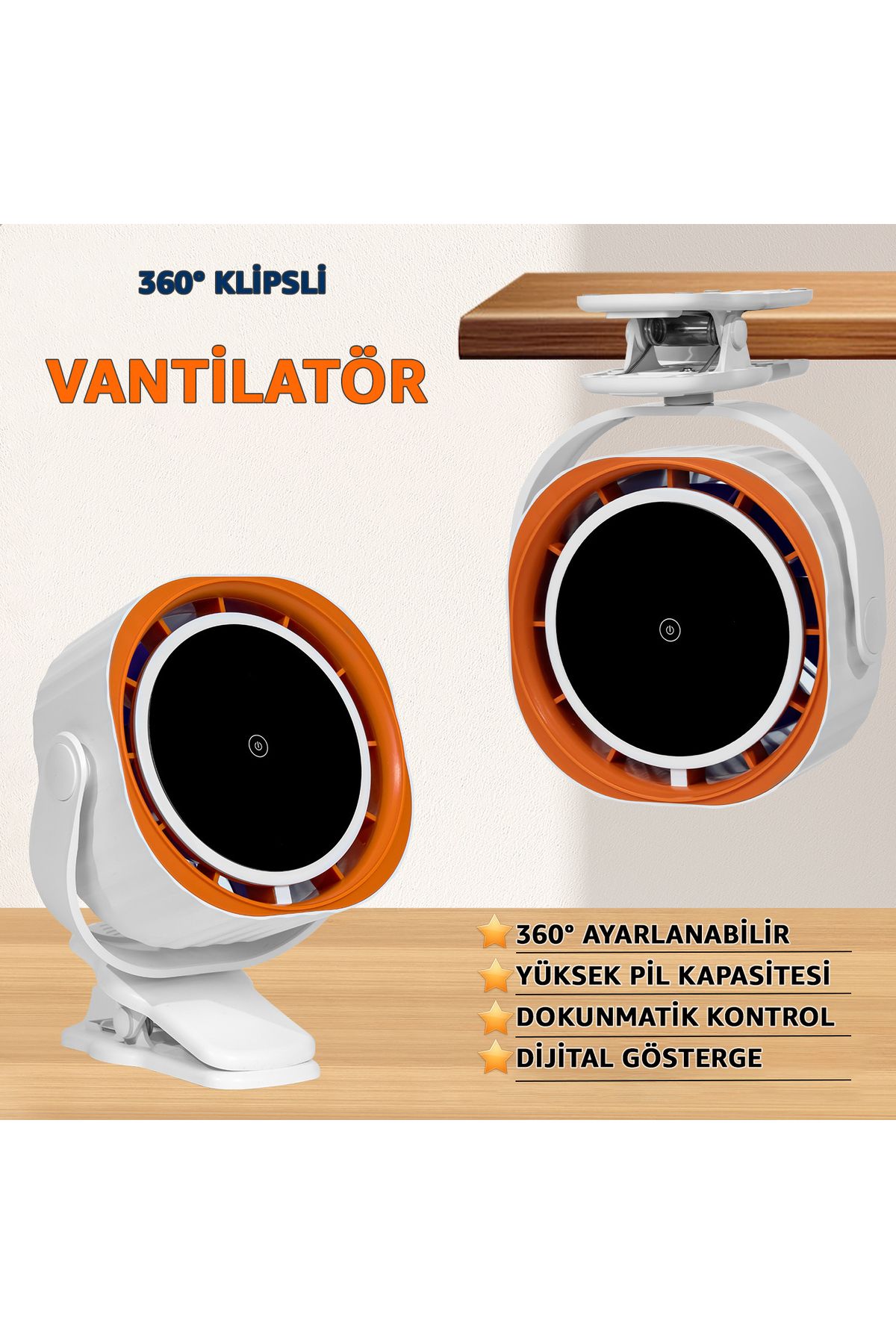 ROBEVE Dijital Göstergeli Dokunmatik Klipsli Fan Vantilatör - Güçlü ve Sessiz Motor - 360° Klipsli Fan
