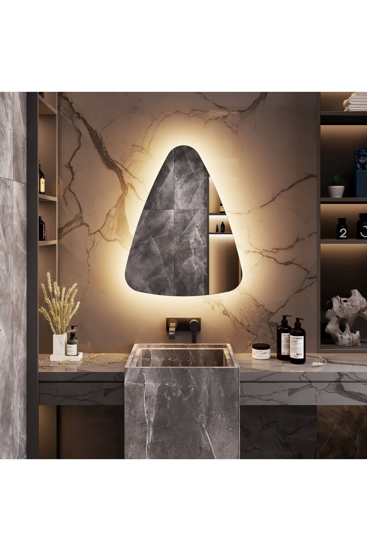 Aypars Atölye 80x102 cm LED Işıklı Asimetrik Duvar Aynası – Modern Banyo Tasarımı, 3000K & 6500K LED