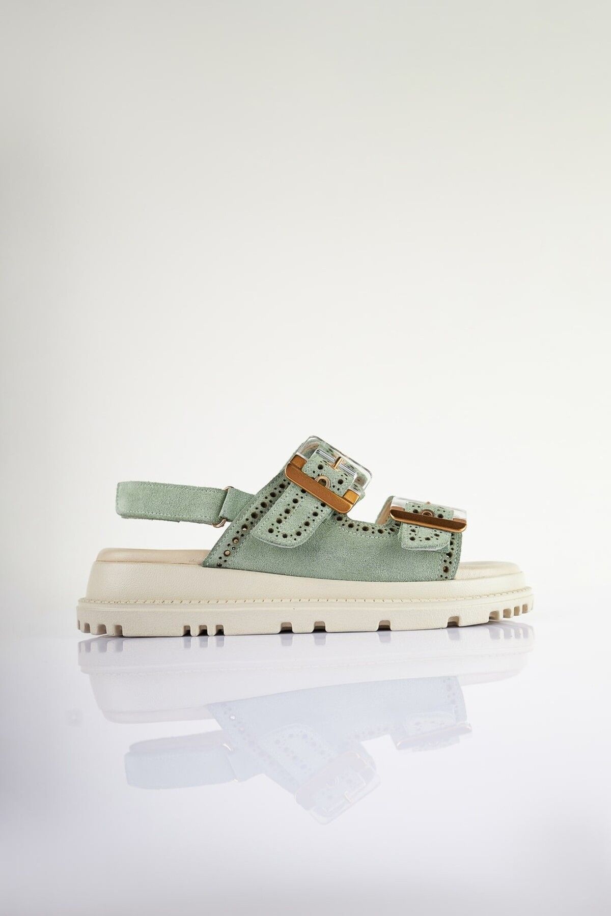 SU SHOE BOUTIQUE NO83 Mint Yeşili Hakiki Süet Deri Çift Tokalı Sandalet