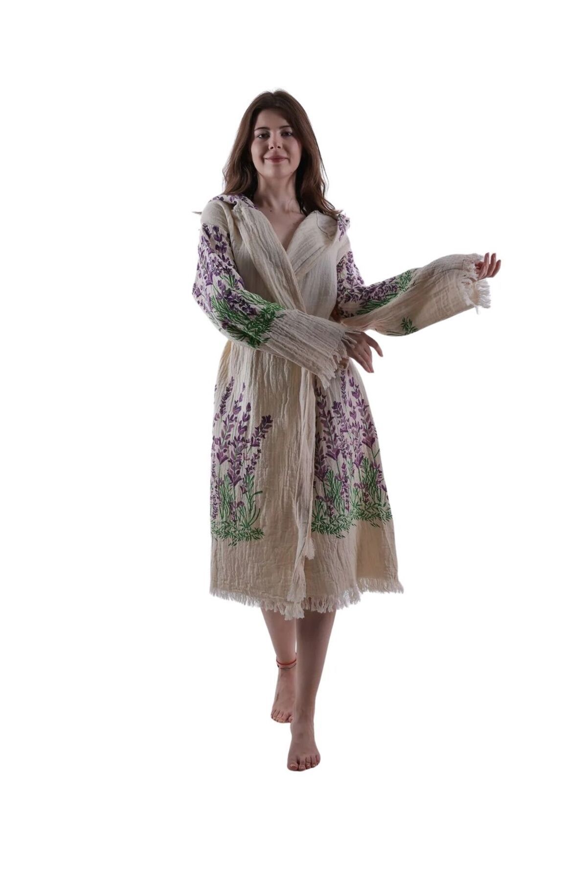 Luppio Kapüşonlu Beachwear %100 Pamuklu Lavanta Desen Müslin Kimono