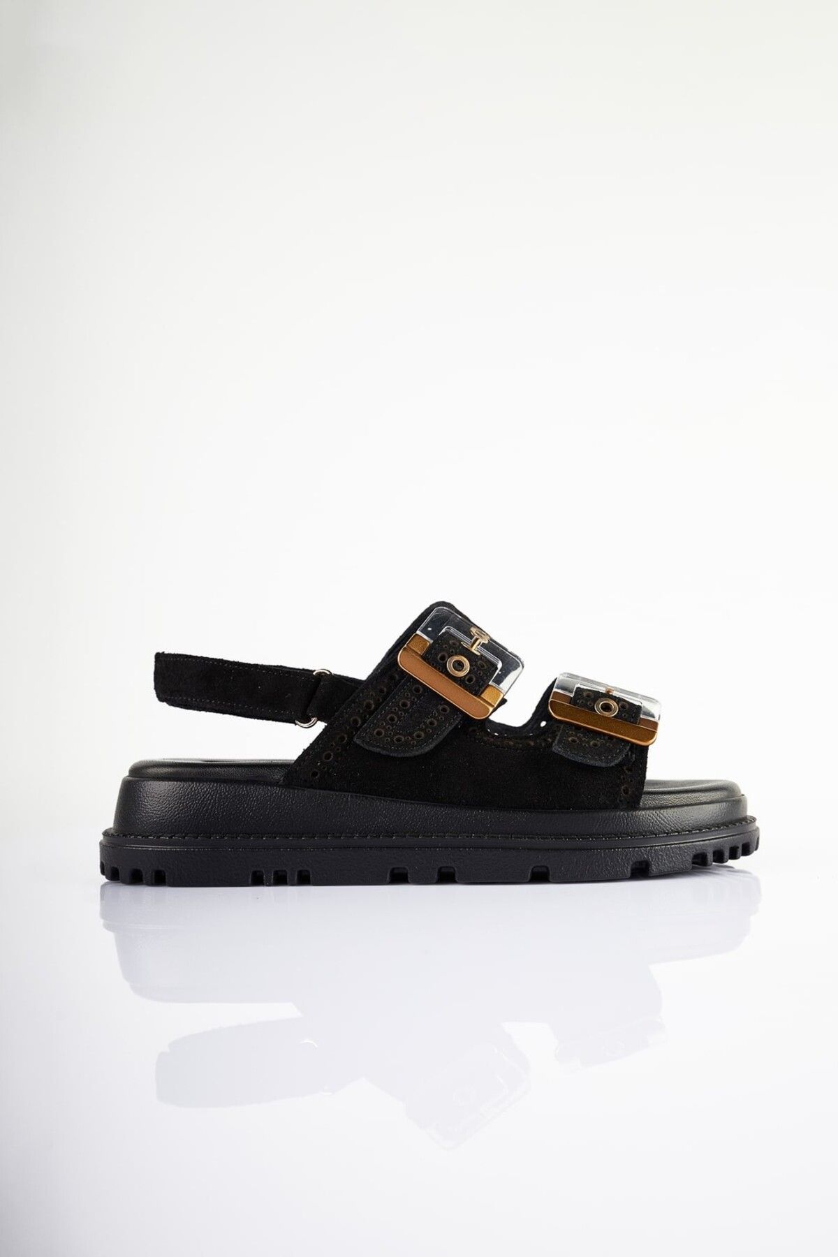 SU SHOE BOUTIQUE NO83 Siyah Hakiki Süet Deri Çift Tokalı Sandalet