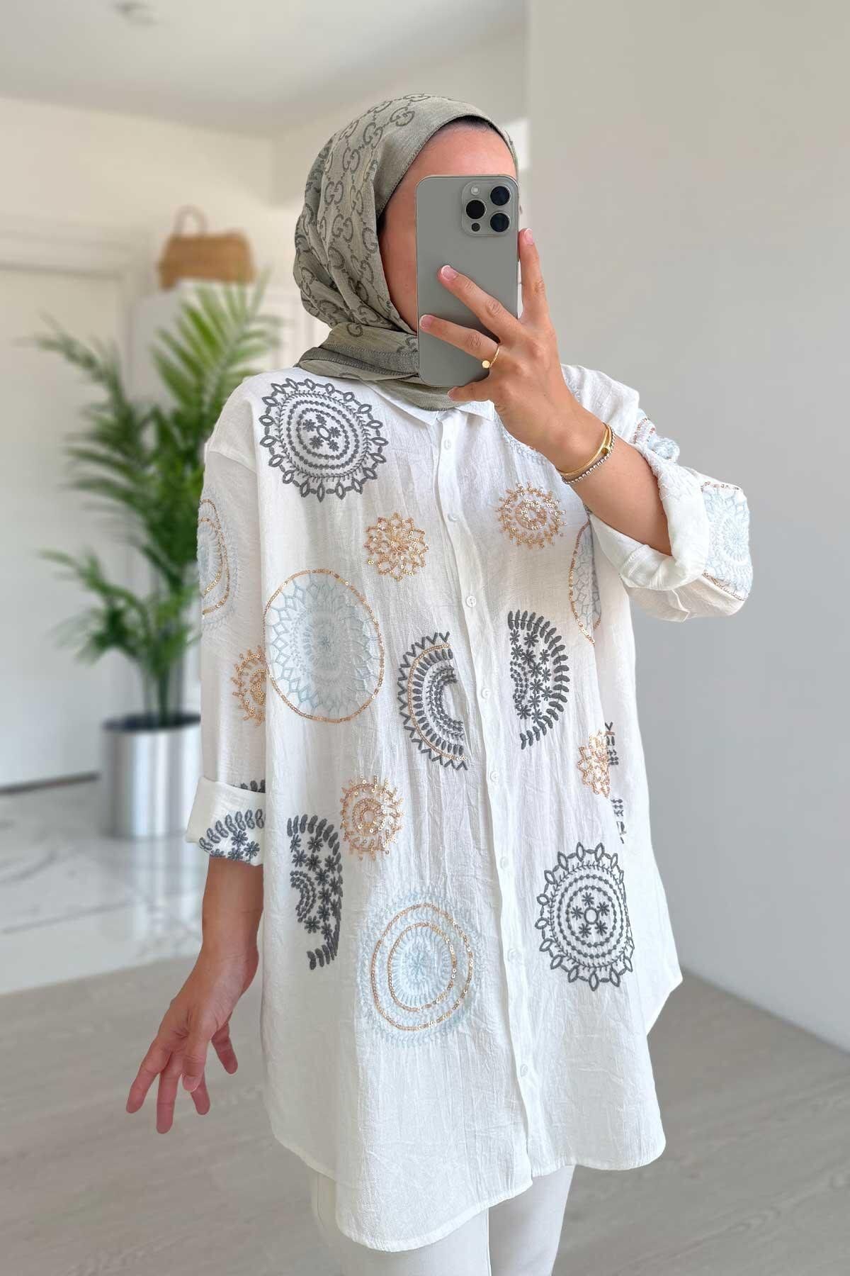 Ka Hijab Nakış İşlemeli Etnik Desen Gömlek - Beyaz