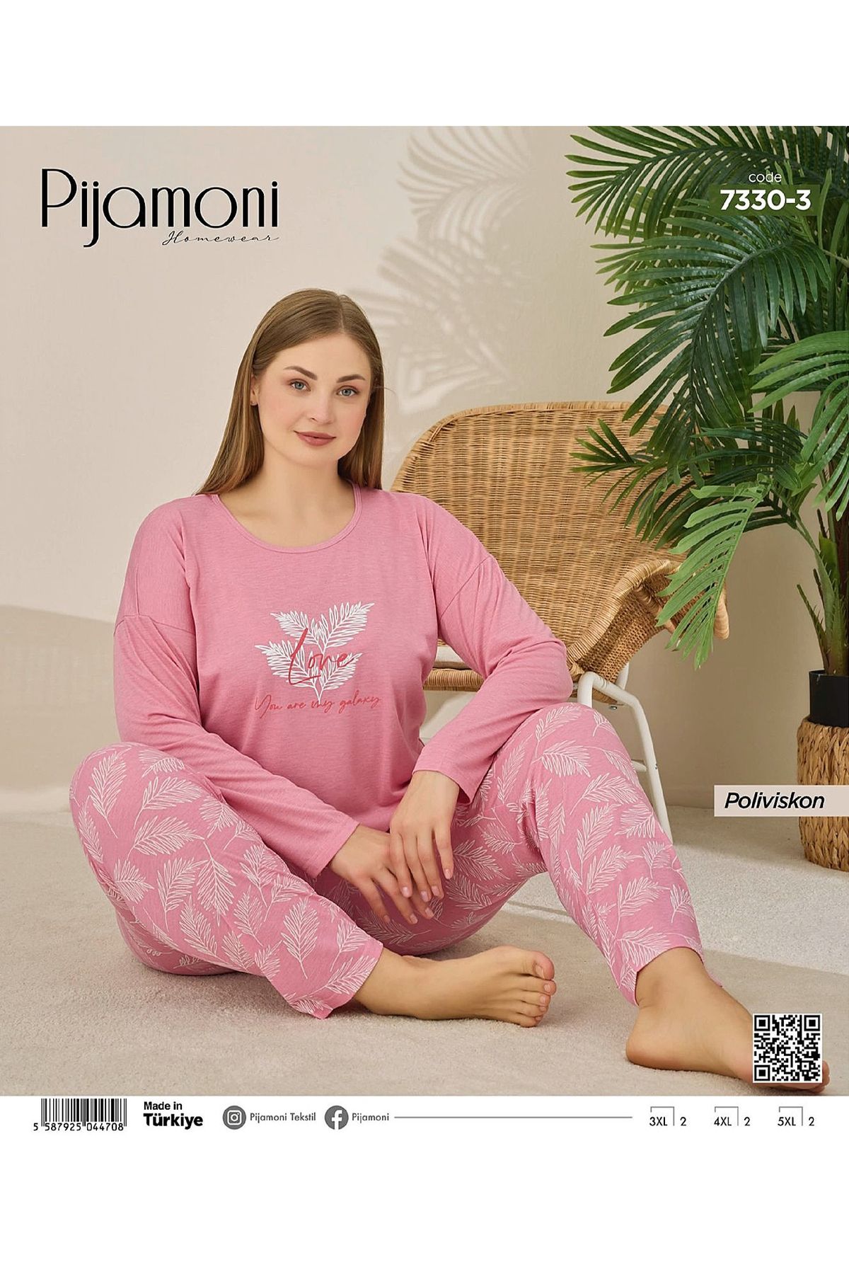 Pijamoni Gül Kurusu Poliviskon GENİŞ KESİM Uzun Kollu RAHAT Pijama Takımı