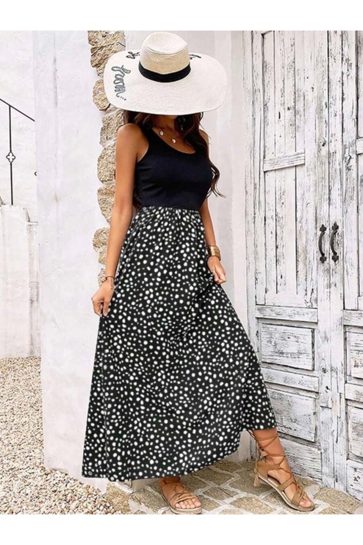 Butik Kadın Askılı Yuvarlak Yaka üst Viskon Alt Desenli Bürümcük Elbise