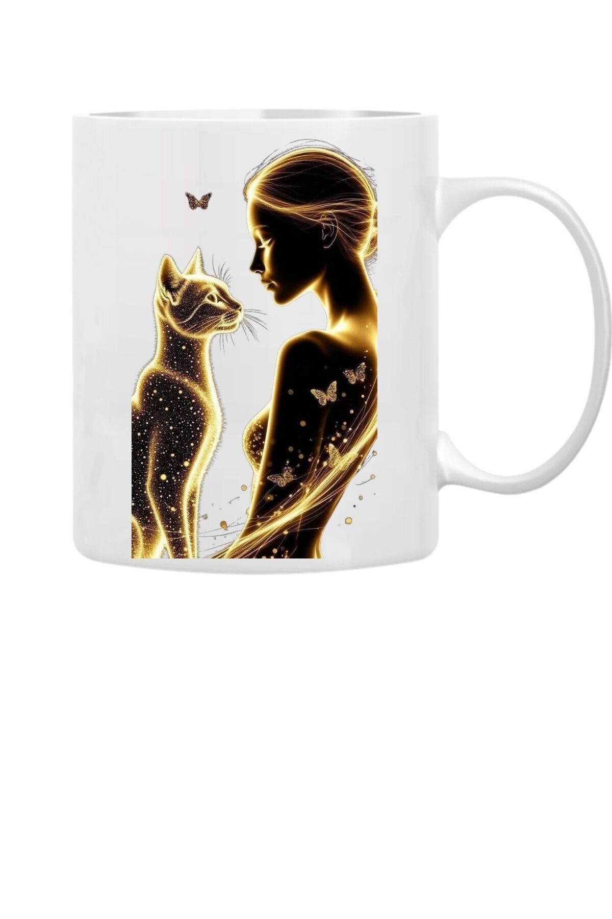 VANİLLA HANDESEVİM GOLD KADIN VE KEDİ FİGÜRLÜ BASKILI ÇAY KAHVE KUPASI