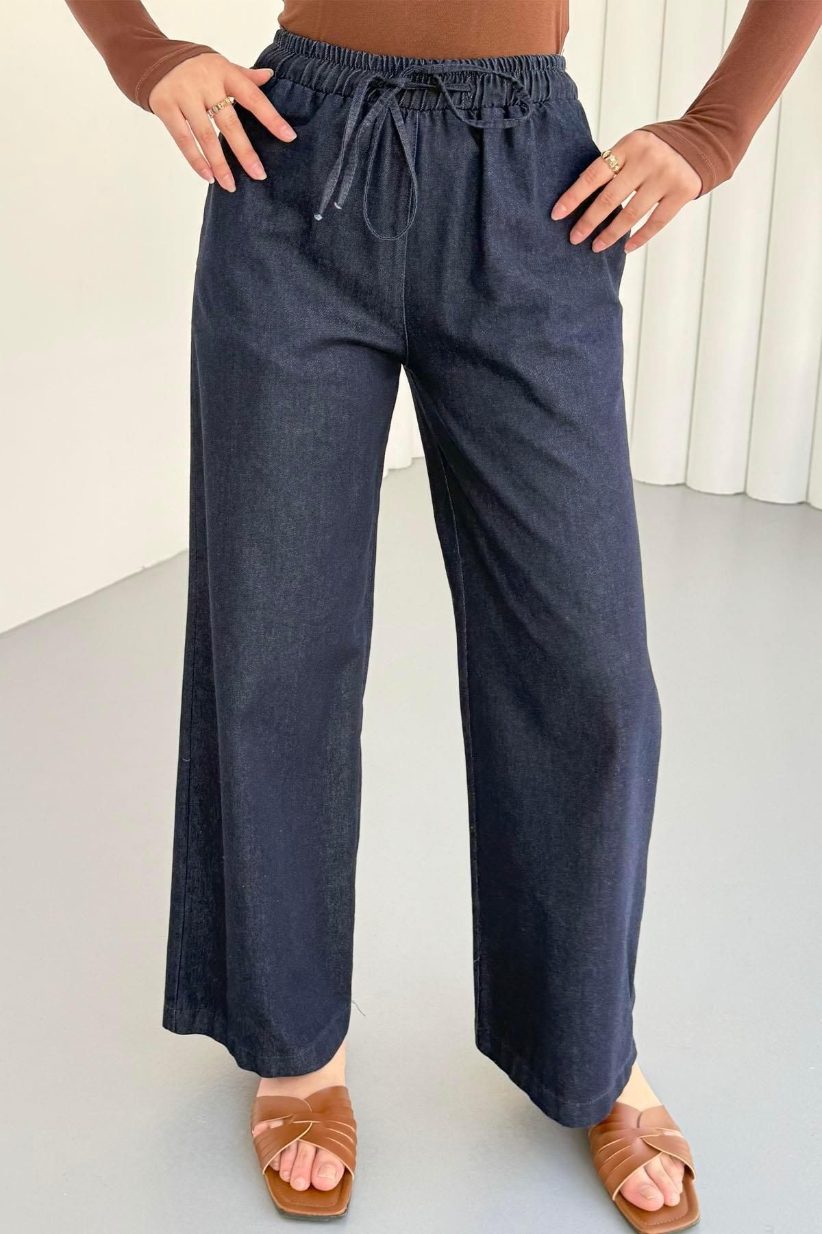 Modaensarbutik Beli Lastkli Denim Pantolon-KOYU MAVİ