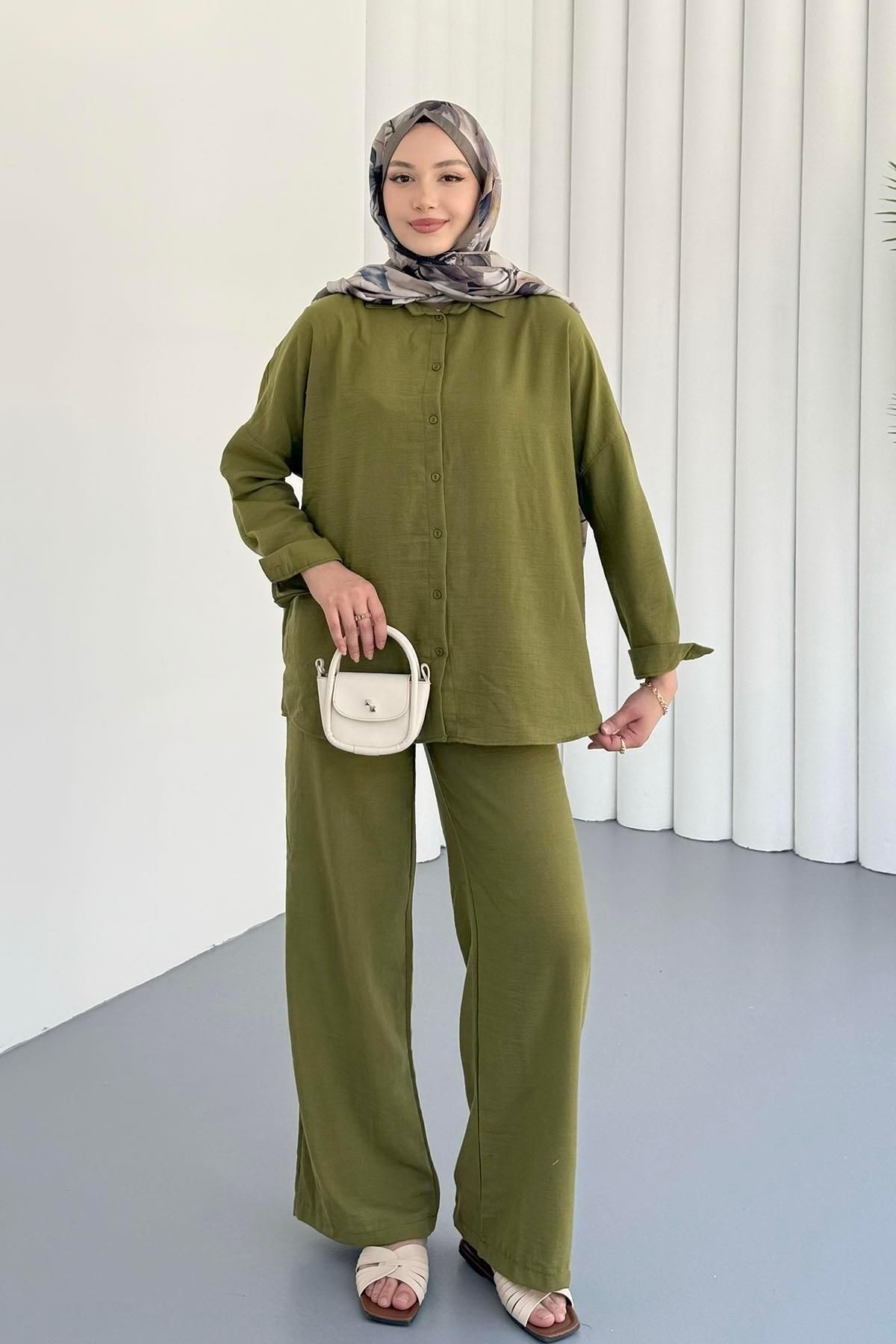 Modaensarbutik Gömlekli Keten Tesettür Takım-YEŞİL