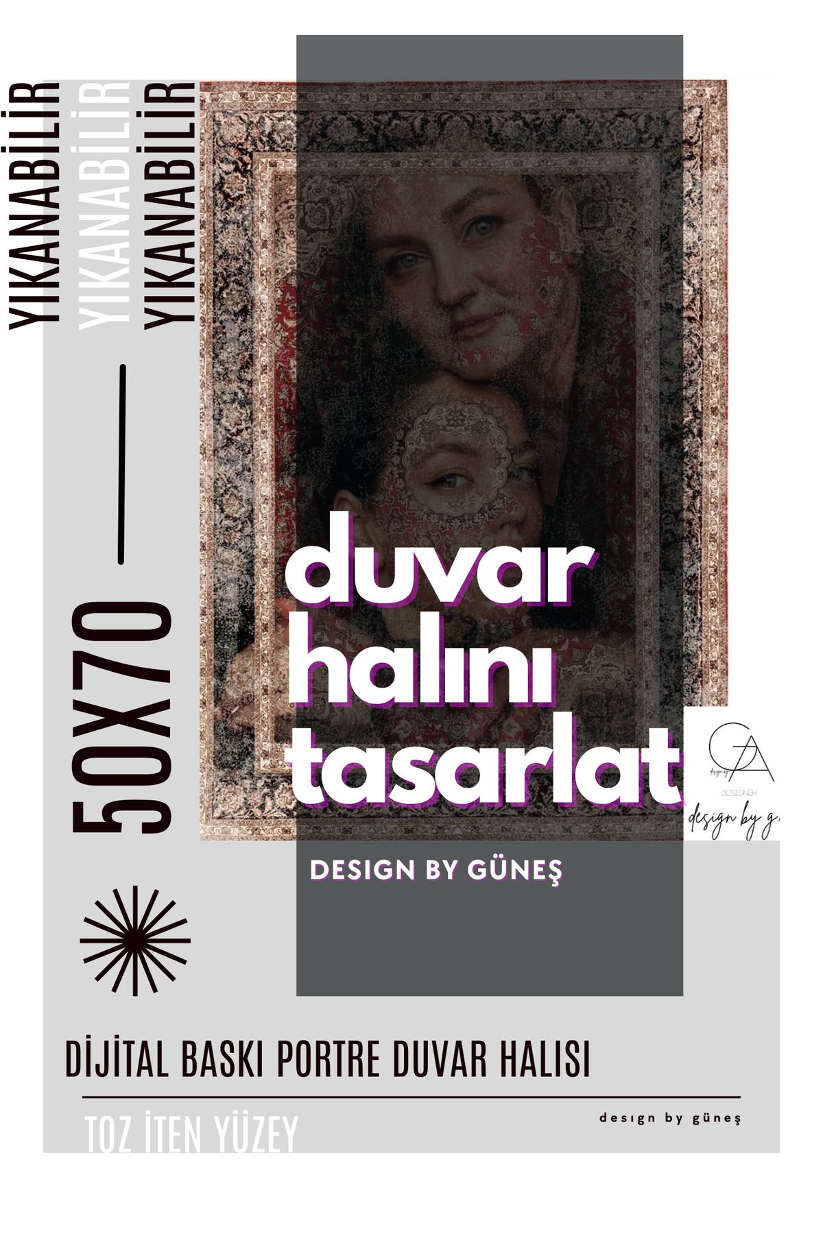 Halı Kişiye Özel Dijital Baskı Portre Duvar Halısı DESIGN BY GÜNEŞ