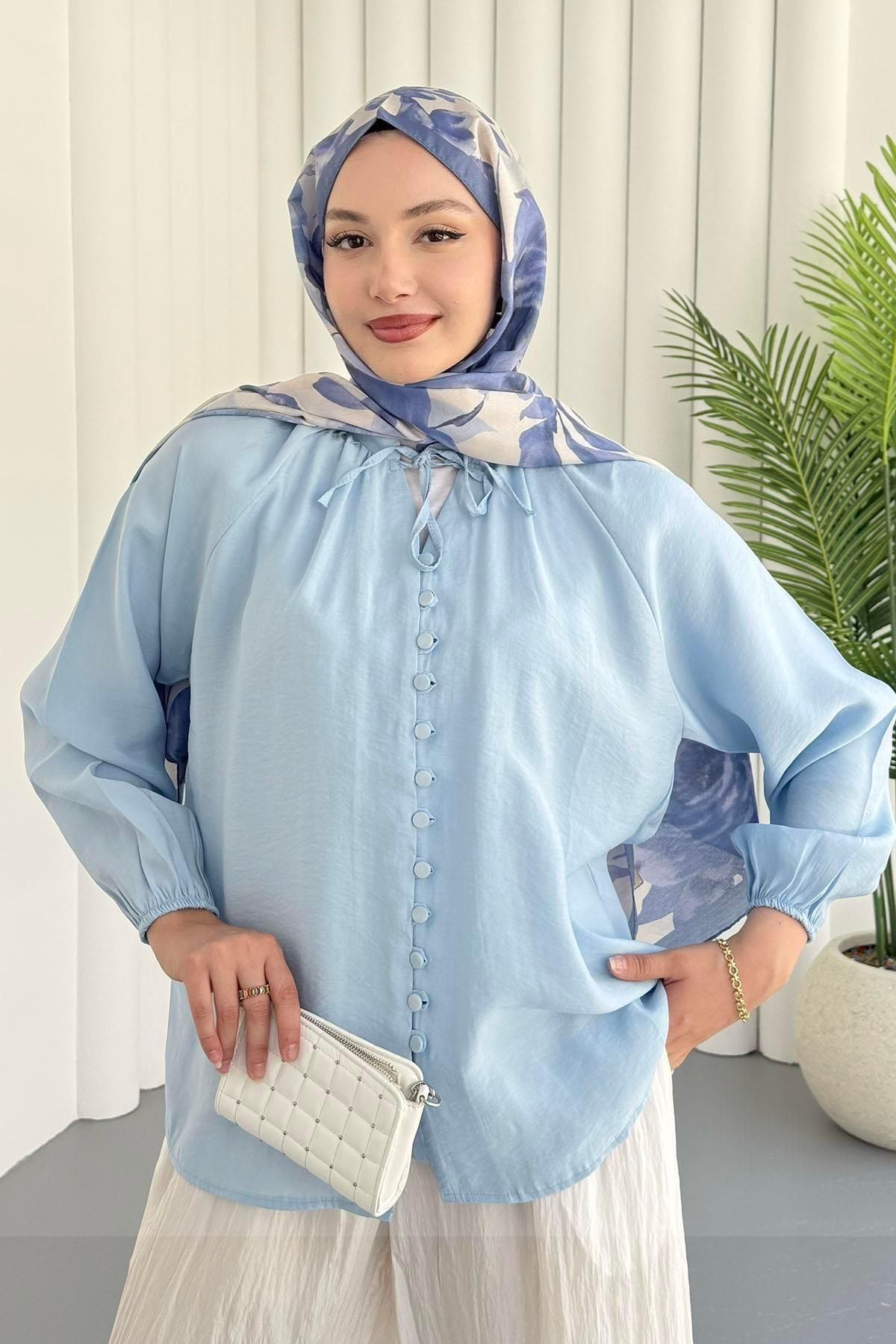 Modaensarbutik Boydan Düğmeli İp Bağlama Bluz-BEBE MAVİ