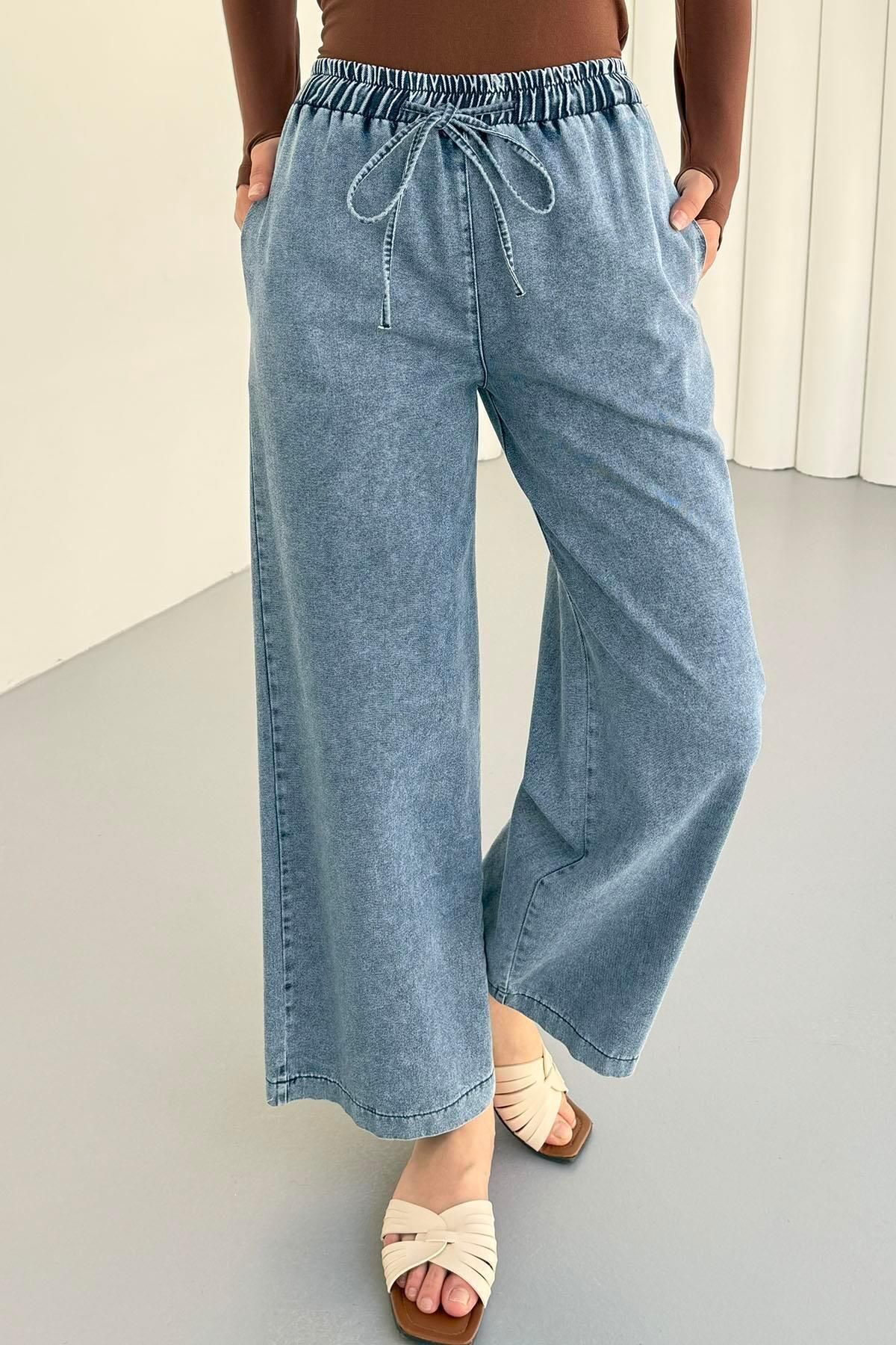 Modaensarbutik Beli Lastkli Denim Pantolon-AÇIK MAVİ