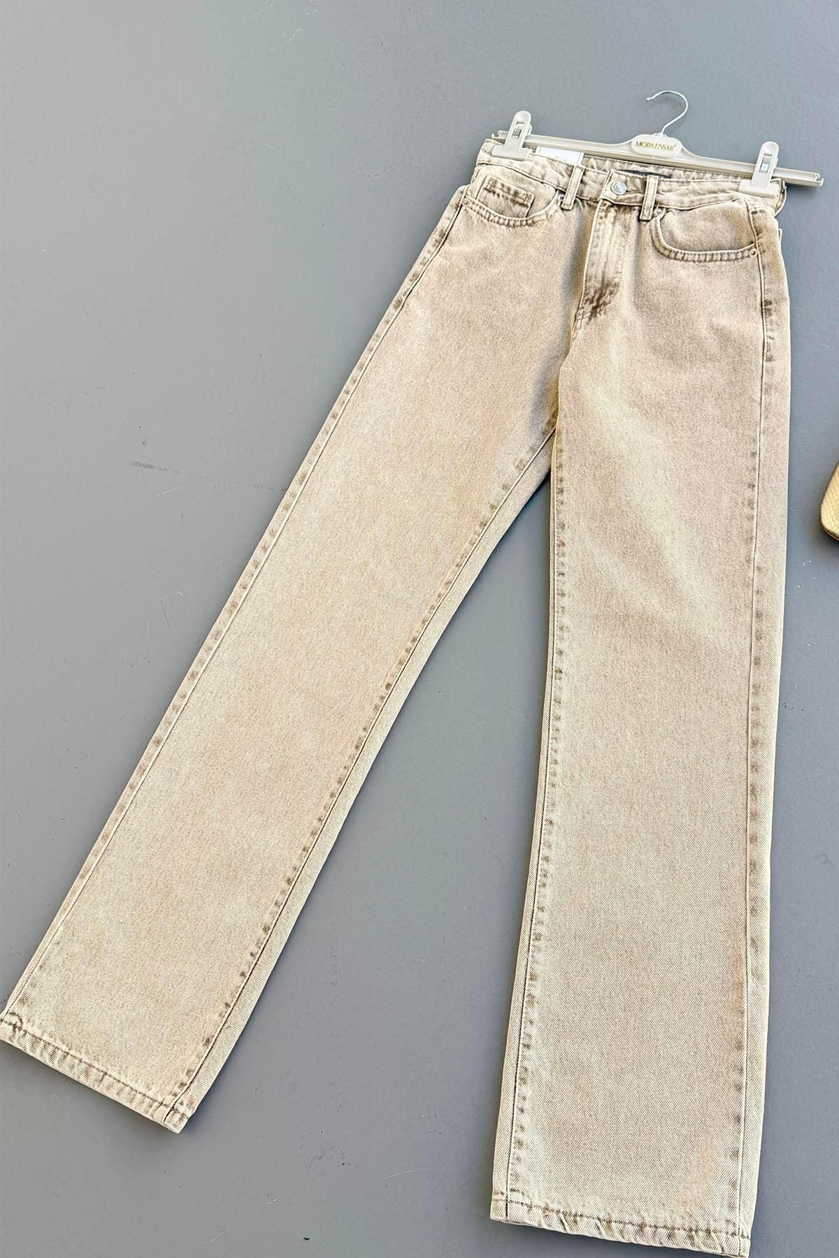 Modaensarbutik Yüksek Bel Geniş Paça Denim Pantolon-BEJ