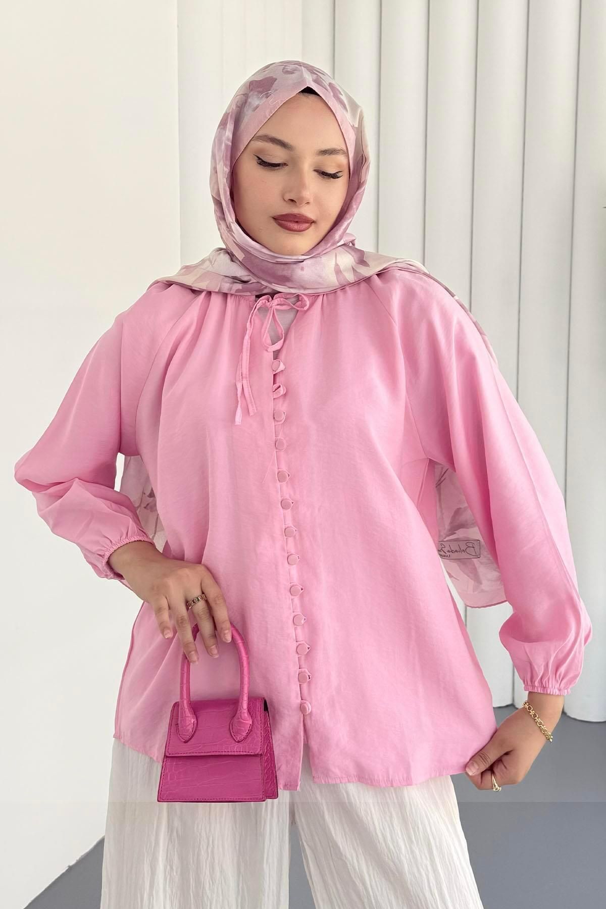 Modaensarbutik Boydan Düğmeli İp Bağlama Bluz-PEMBE