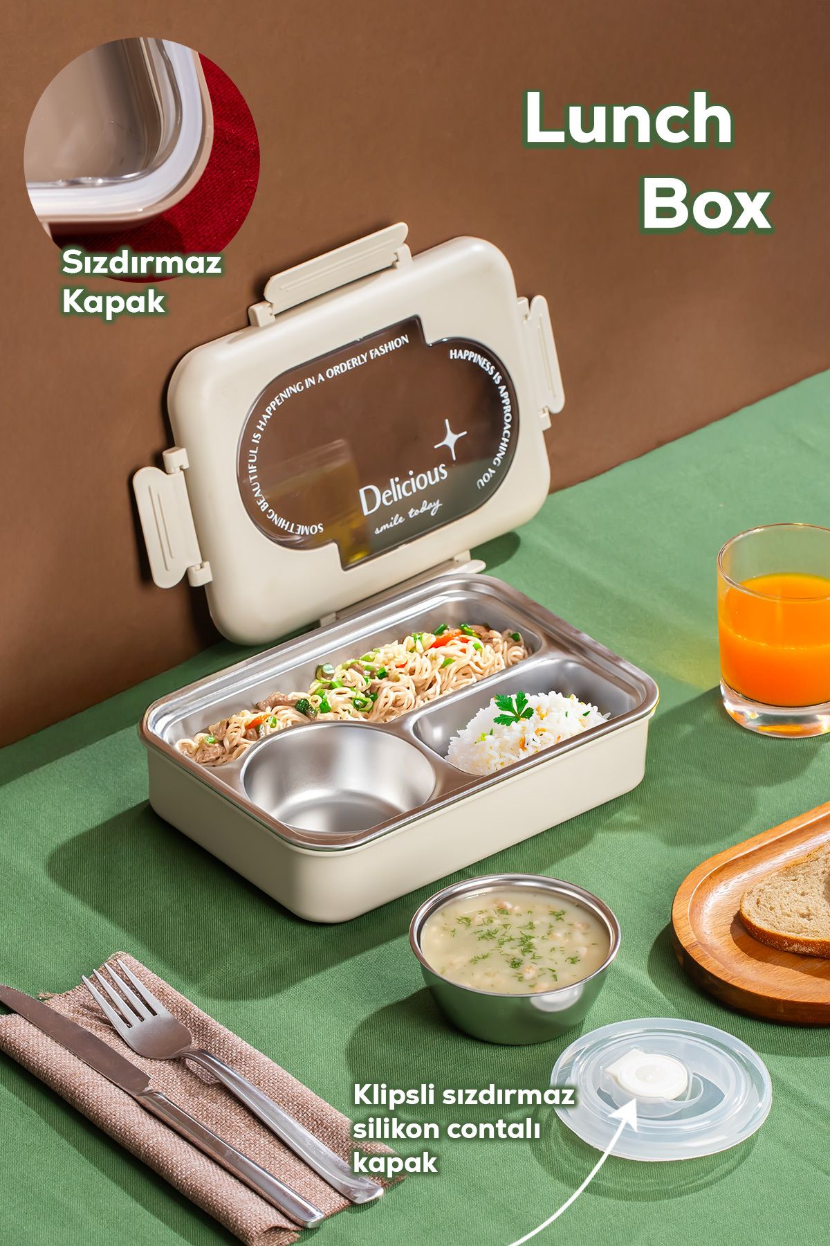 Porsima Paslanmaz Çelik 3 Bölmeli Vakumlu Yemek Termosu Beslenme Kutusu Taşınabilir Lunch Box Sefer Tası