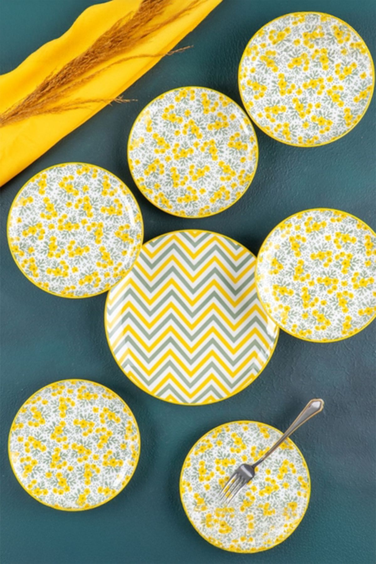 ACAR Tiffany Sarı 7 Parça Porselen Pasta Seti