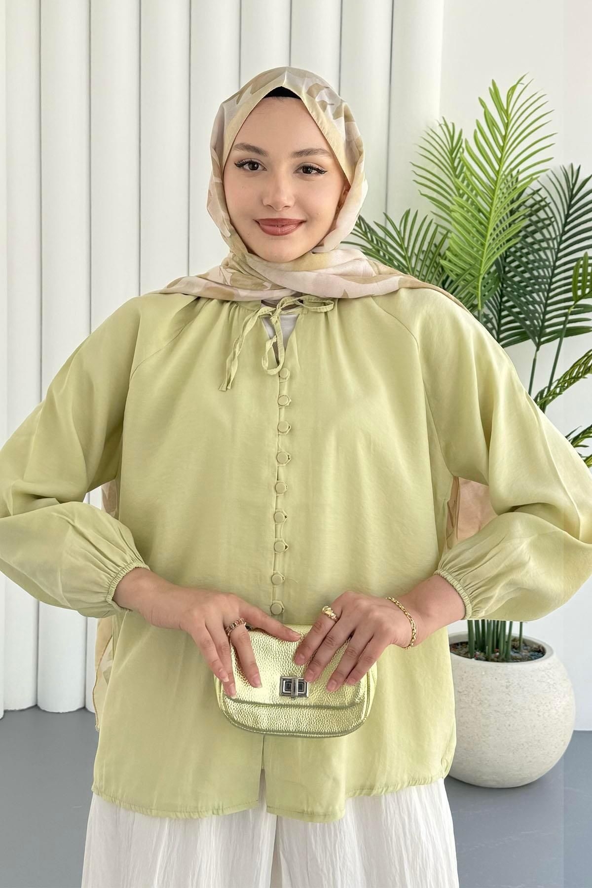 Modaensarbutik Boydan Düğmeli İp Bağlama Bluz-MİNT YEŞİLİ