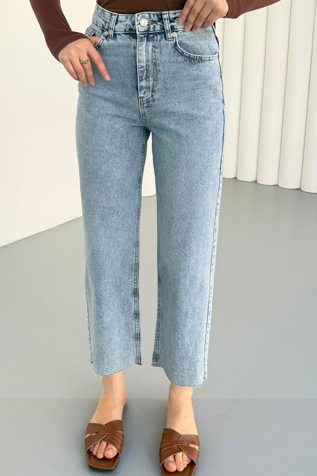 Modaensarbutik Paça Kesik Denim Pantolon-KOYU MAVİ