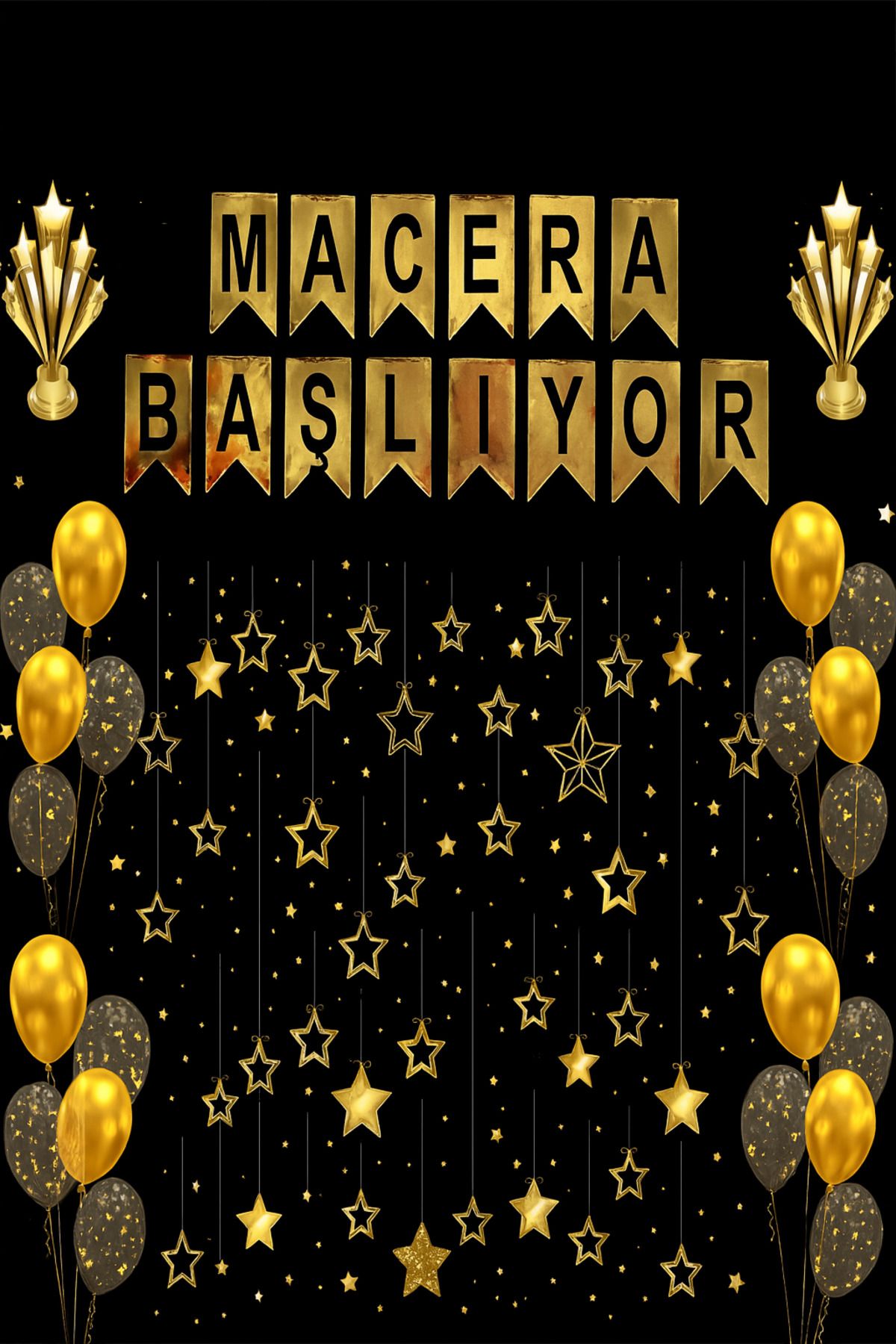 PROMISEBACKDROP2 ✨ “Macera Başlıyor” Gold Siyah Konsept Okul Karşılama Afişi – Yıldız ve Balonlu Arka Plan /150x200
