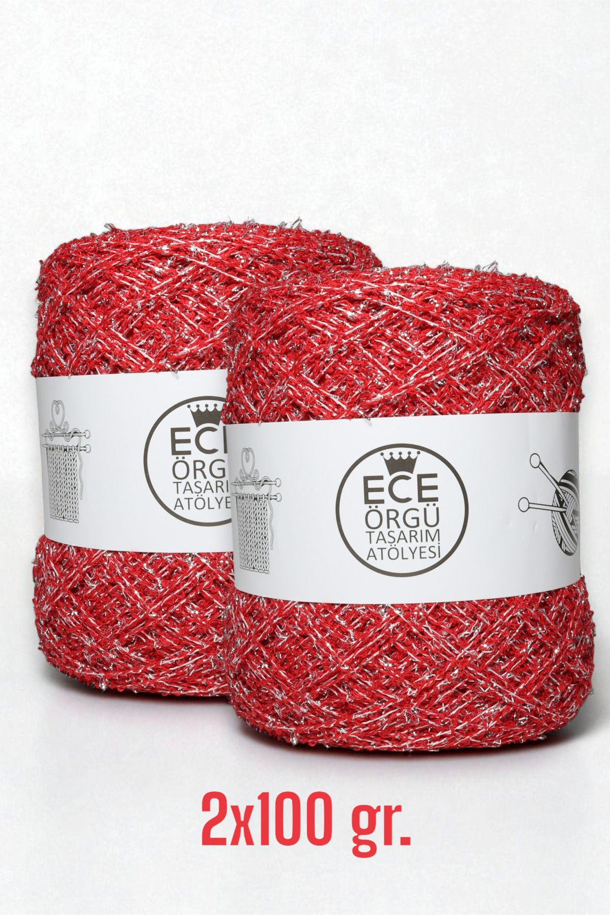 Ece Örgü Tasarım Atölyesi Kendinden gümüş simli, kırmızı italyan koton buklet el örgü ipi (200 gr.)
