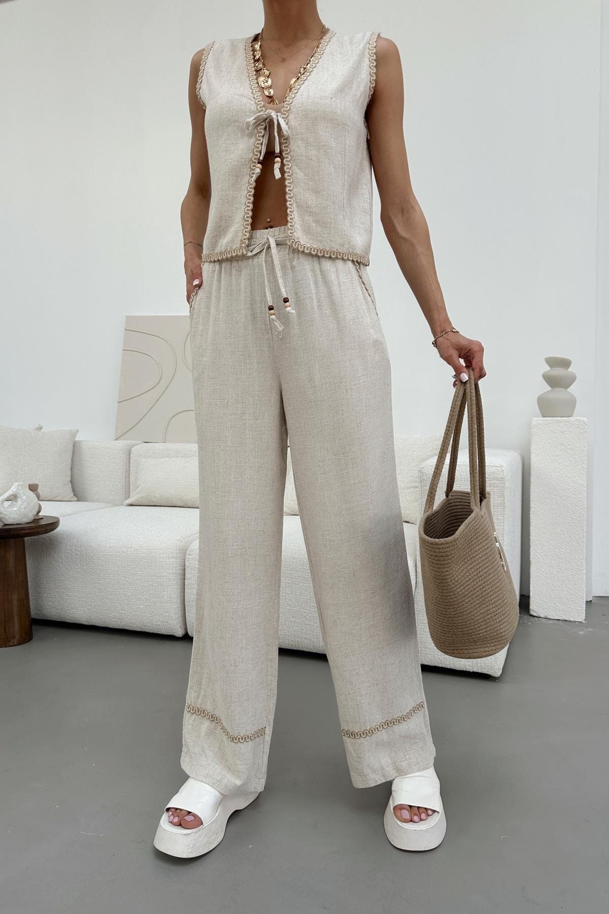 studio fashion 1988 Premium Örgü Nakış Detaylı Yelek ve Pantolon Keten Takım