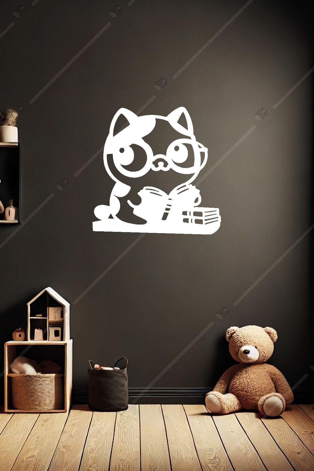Emach Dizayn Kitap Okuyan Kedi Çocuk Odası Ahşap Duvar Dekoru