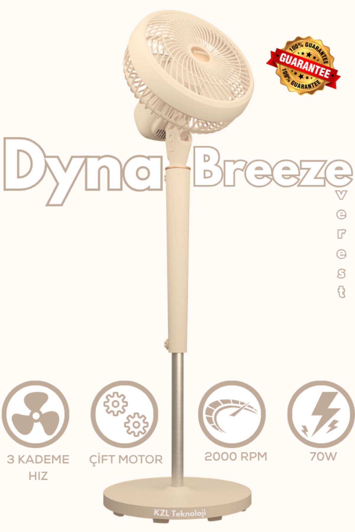 Everest FAN12 DynaBreeze Krem/Gold 70W 3 Hız Kademeli 2000RPM Çift Motorlu Vantilatör/ Pervanesi
