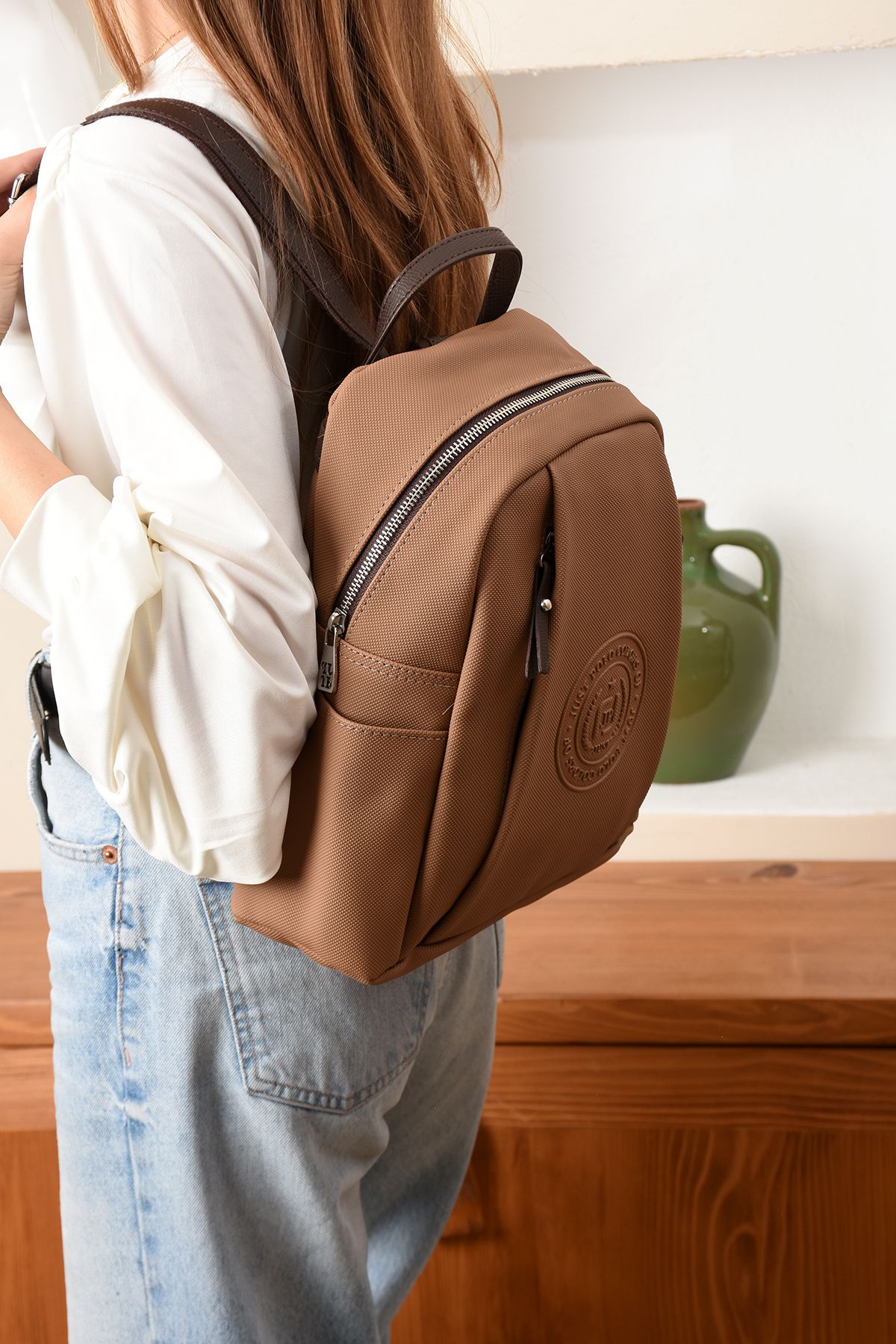 Just Polo Moon 6026 LK Suni Deri Ayarlanabilir Askı 9 Bölme Logo Detaylı Kadın Sırt Çantası (En 29xBoy 30 Cm)
