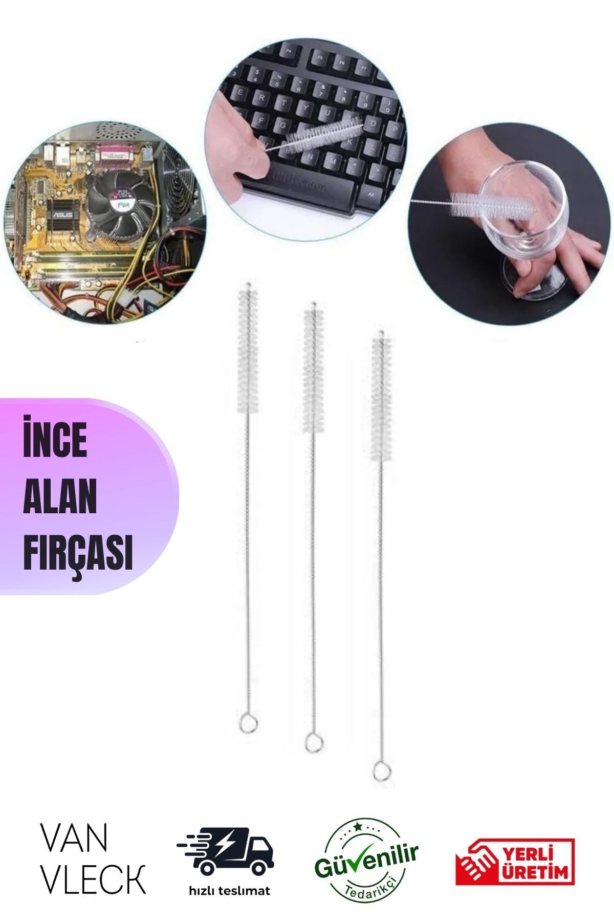 VAN VLECK 3’lü 24 cm Pipet Temizleme Teli – İnce Alanlar İçin Fırça, Paslanmaz, Dar Yüzey Temizleyici