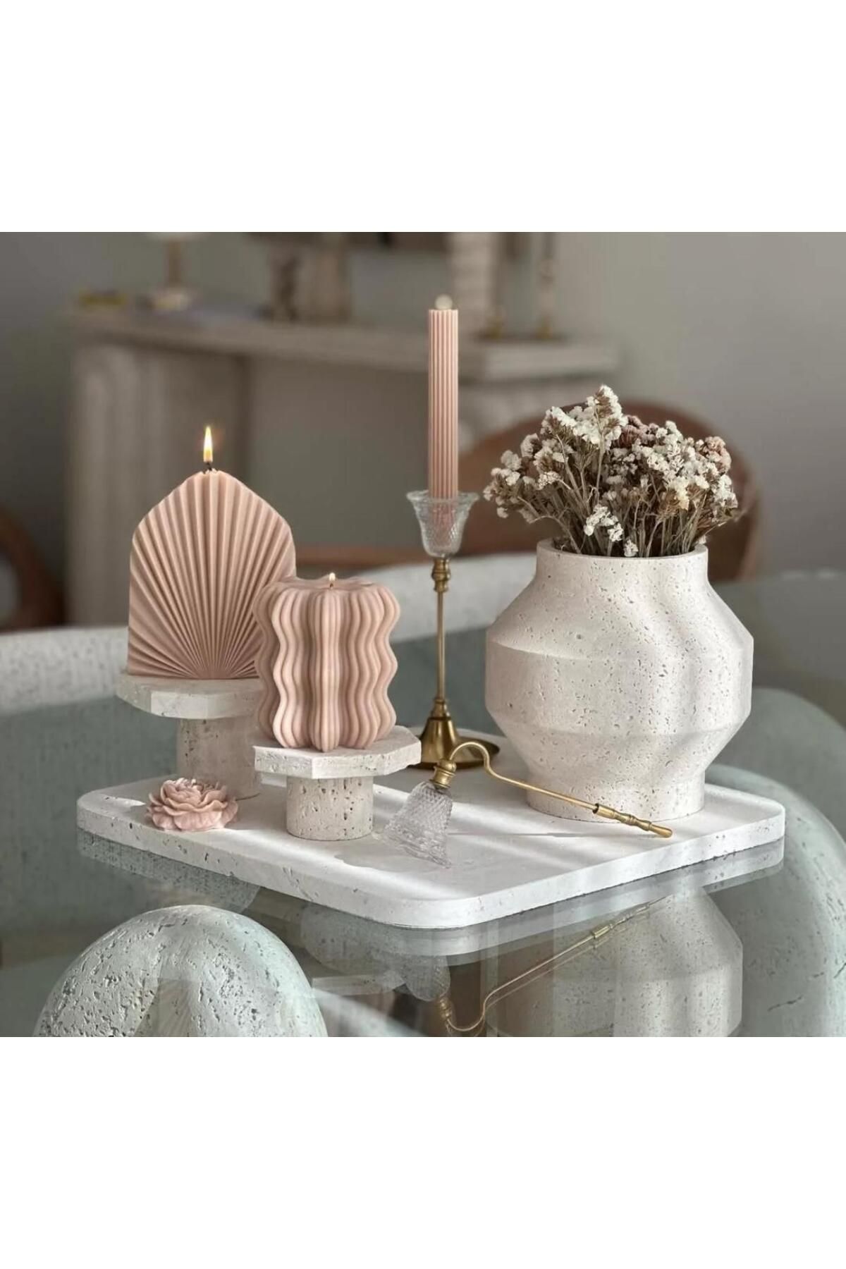 SCA CANDLE Dekoratif Mum Palm +Dalga +Çizgili şamdan Mum +Şakaik toplam 4 Parça