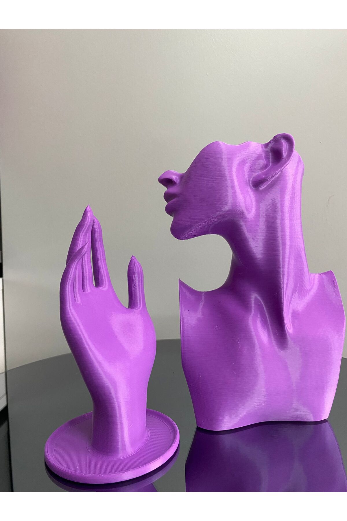 Goplast Premium Mor Renk Dekoratif Takı Mankeni ve El 2'li Set Takı Teşhir Standı 23 ve 18 Cm Takı Organizeri Küpe