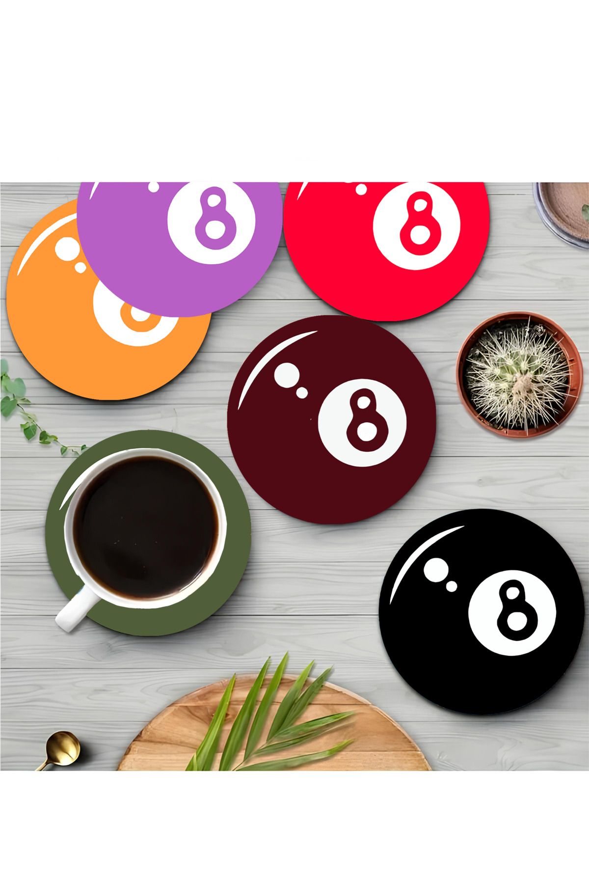 kutuTR 🎱 Renkli 8 Top Desenli 6'lı MDF Bardak Altlığı Seti – Eğlenceli ve Dekoratif Tasarım! BRD-018