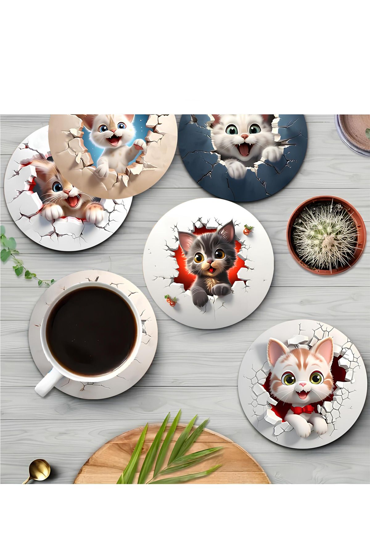 kutuTR 🐾 Sevimli Kedi Temalı 6'lı MDF Çay-Kahve Altlık Seti 🐾 BRD-021