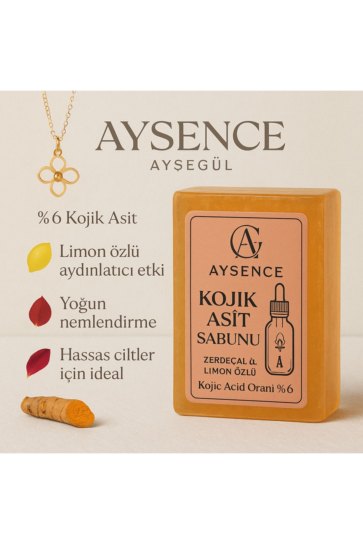 AYSENCE7 Kojik Asit Sabunu %6 – Limon ve Zerdeçal Özlü, Cilt Aydınlatıcı & Leke Karşıtı
