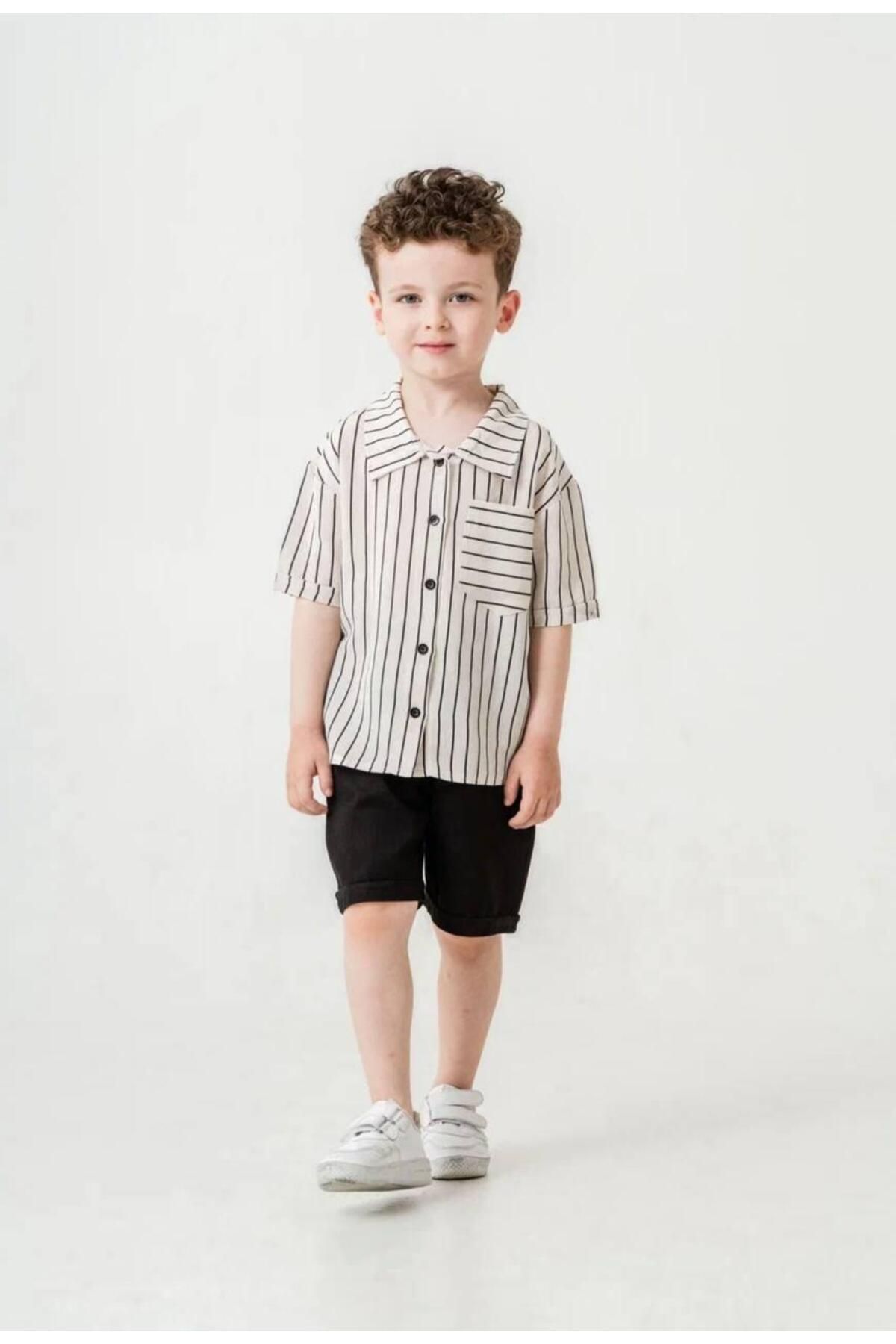 Kids Keten Çizgili Erkek Çocuk Şortlu Takım