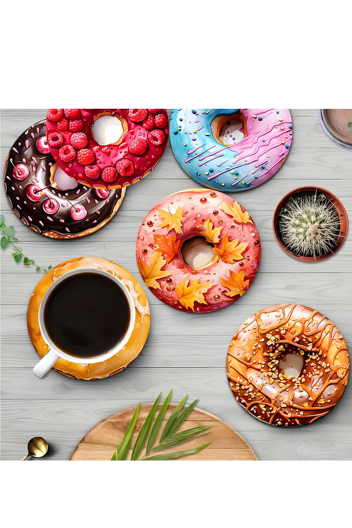 kutuTR 🍩 Tatlı Keyiflerin En Renkli Hali: Donut Desenli MDF Bardak Altlığı 6'lı Set BRD-019
