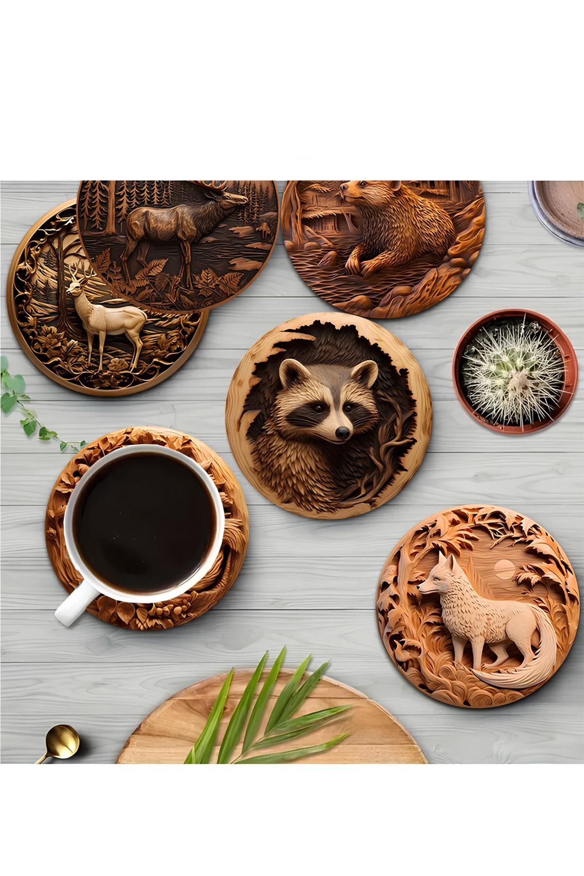 kutuTR 🦌 Doğal Ahşap Görünümlü Hayvan Figürlü MDF Bardak Altlığı Seti (6'lı) BRD-020