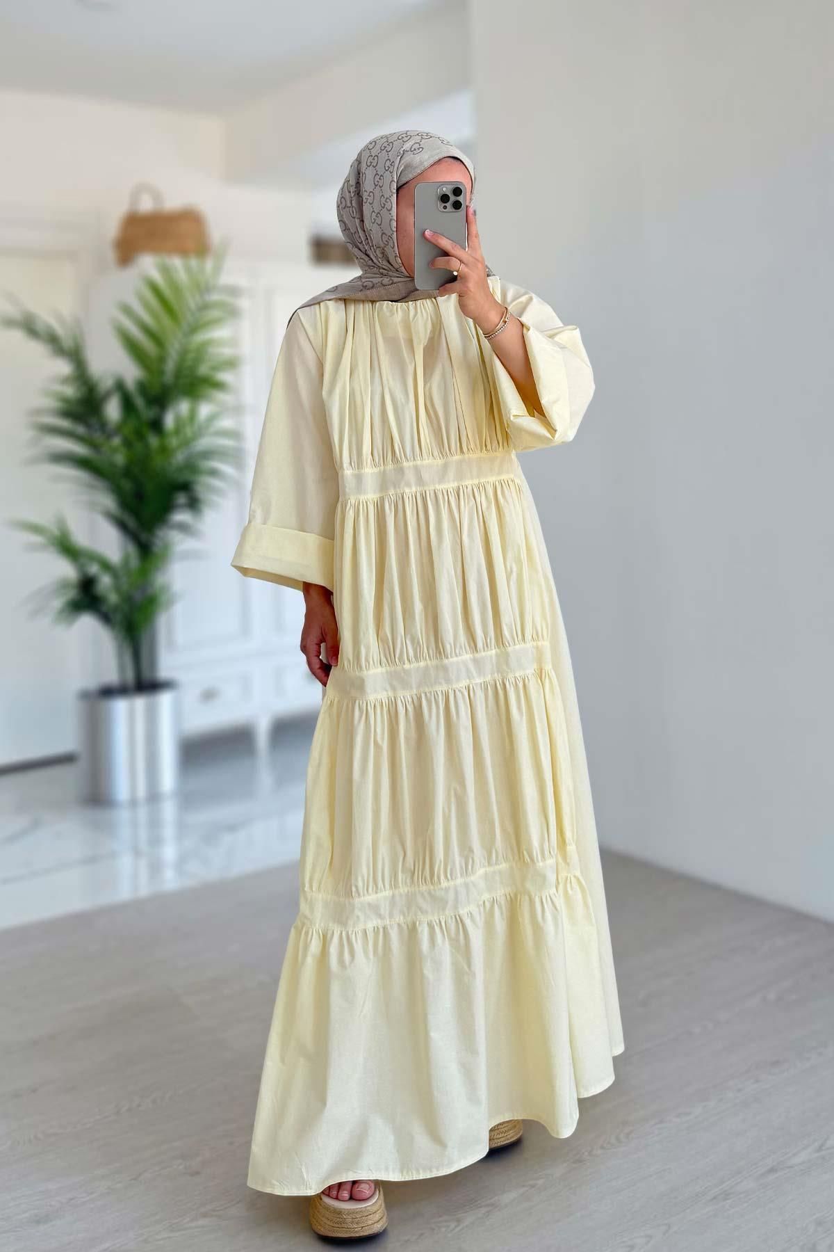 Ka Hijab Bel Bağcıklı Kat Kat Elbise - Sarı