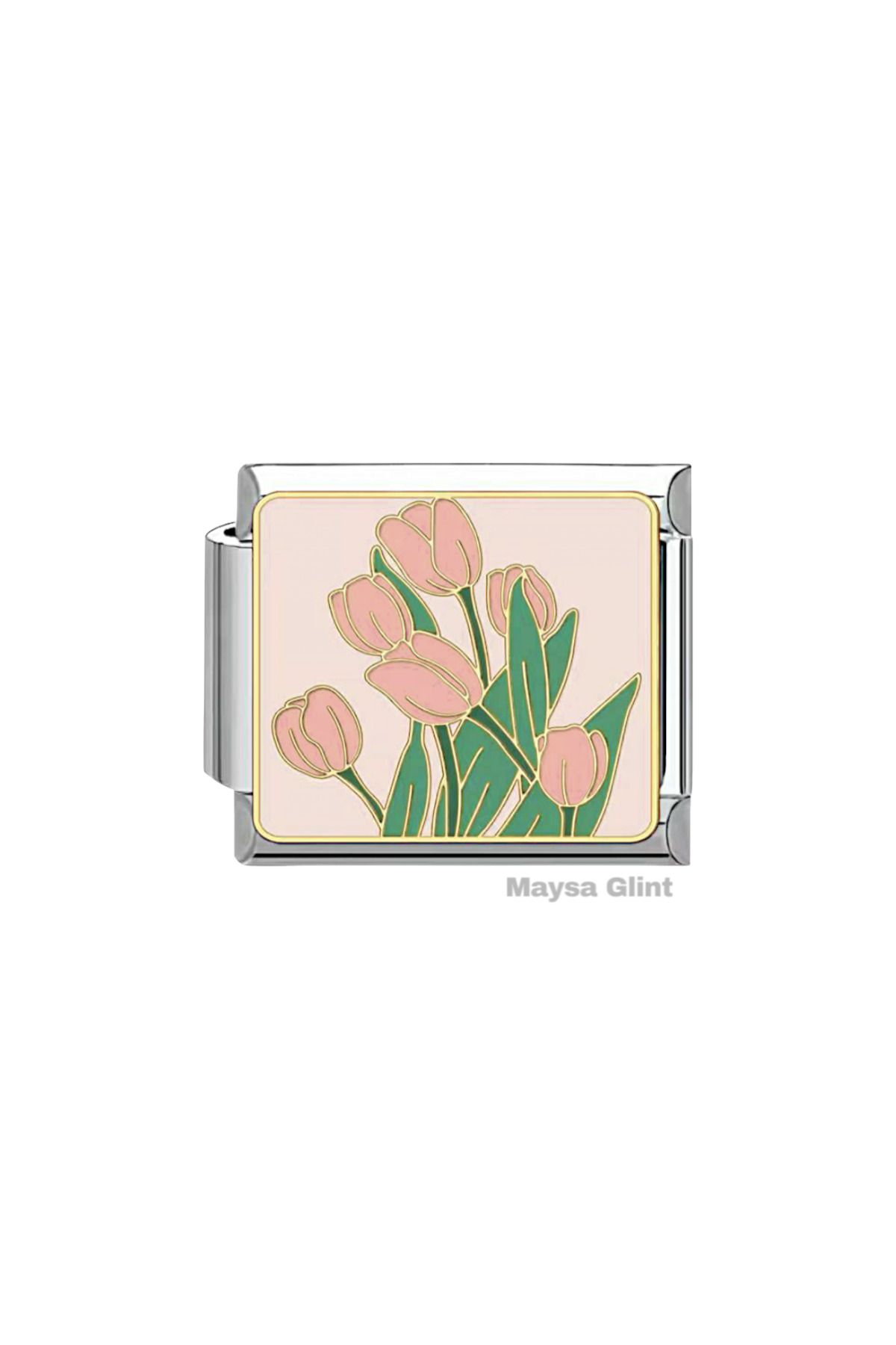 Maysa Glint Pembe Lale Paslanmaz Çelik Charm İtalyan Bileklik Charmı Çiçek Temalı