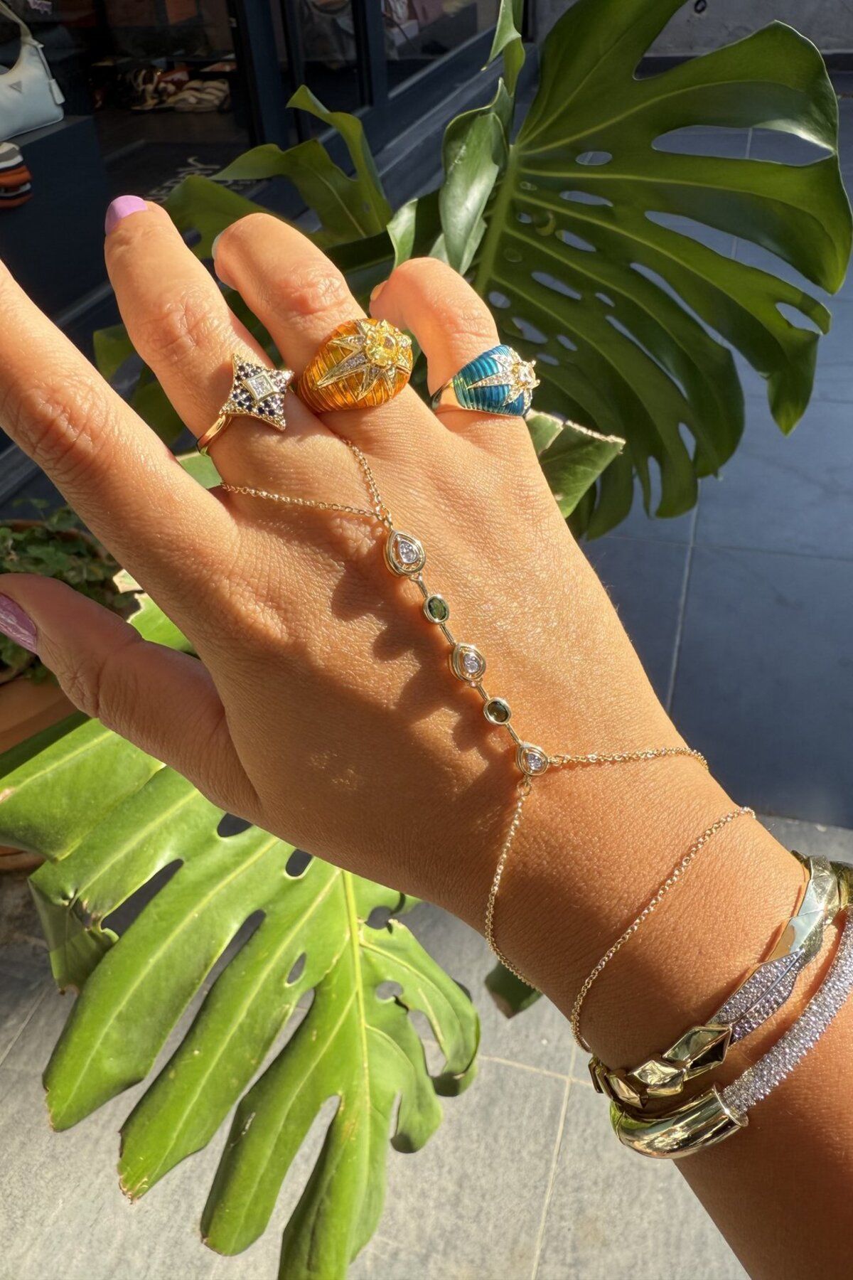 My Joyas Design 14K Altın Kaplama Yeşil Taşlı Elips Şahmeran
