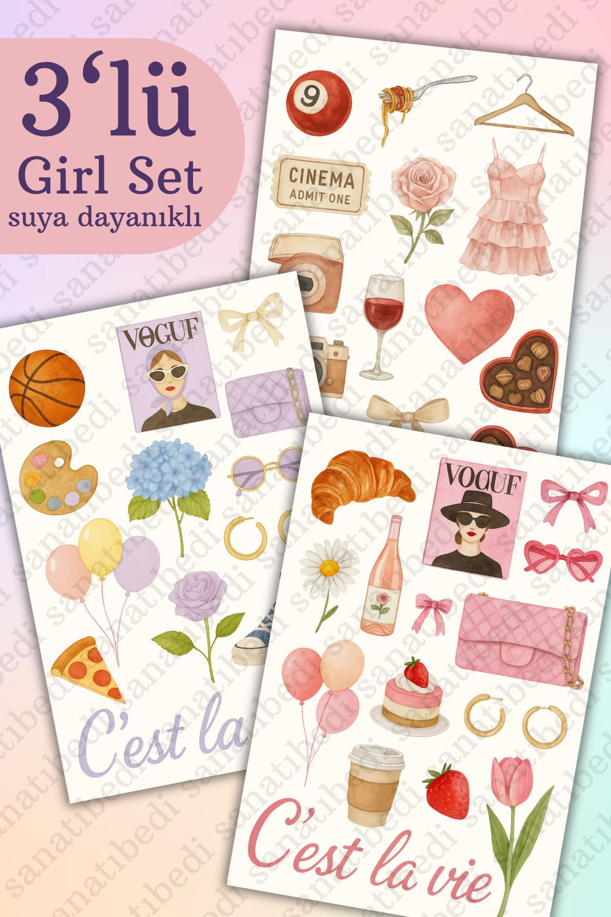 sanatıbedi 3'lü Girl Sticker Seti - Laptop Tablet Ajanda Journal Telefon Motor Kask için Suya Dayanıklı Etiket
