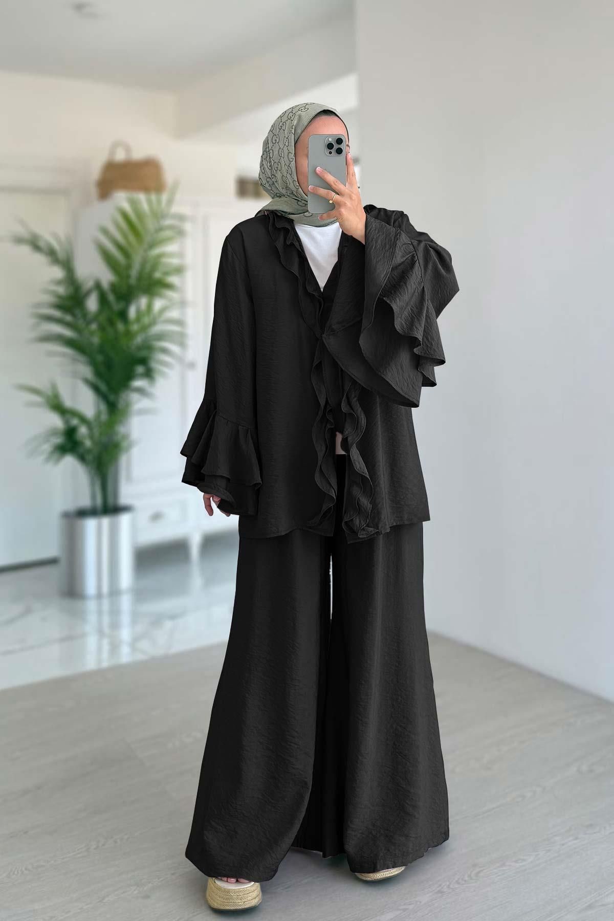 Ka Hijab Fırfır Detaylı Volan Kollu Takım - Siyah