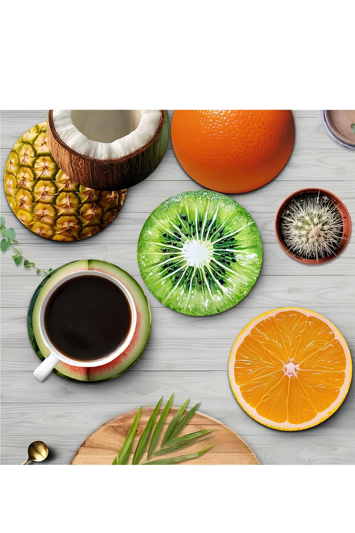 kutuTR 🍊 Rengârenk Meyve Desenli MDF Bardak Altlığı – 6'lı Set 🍍 BRD-022