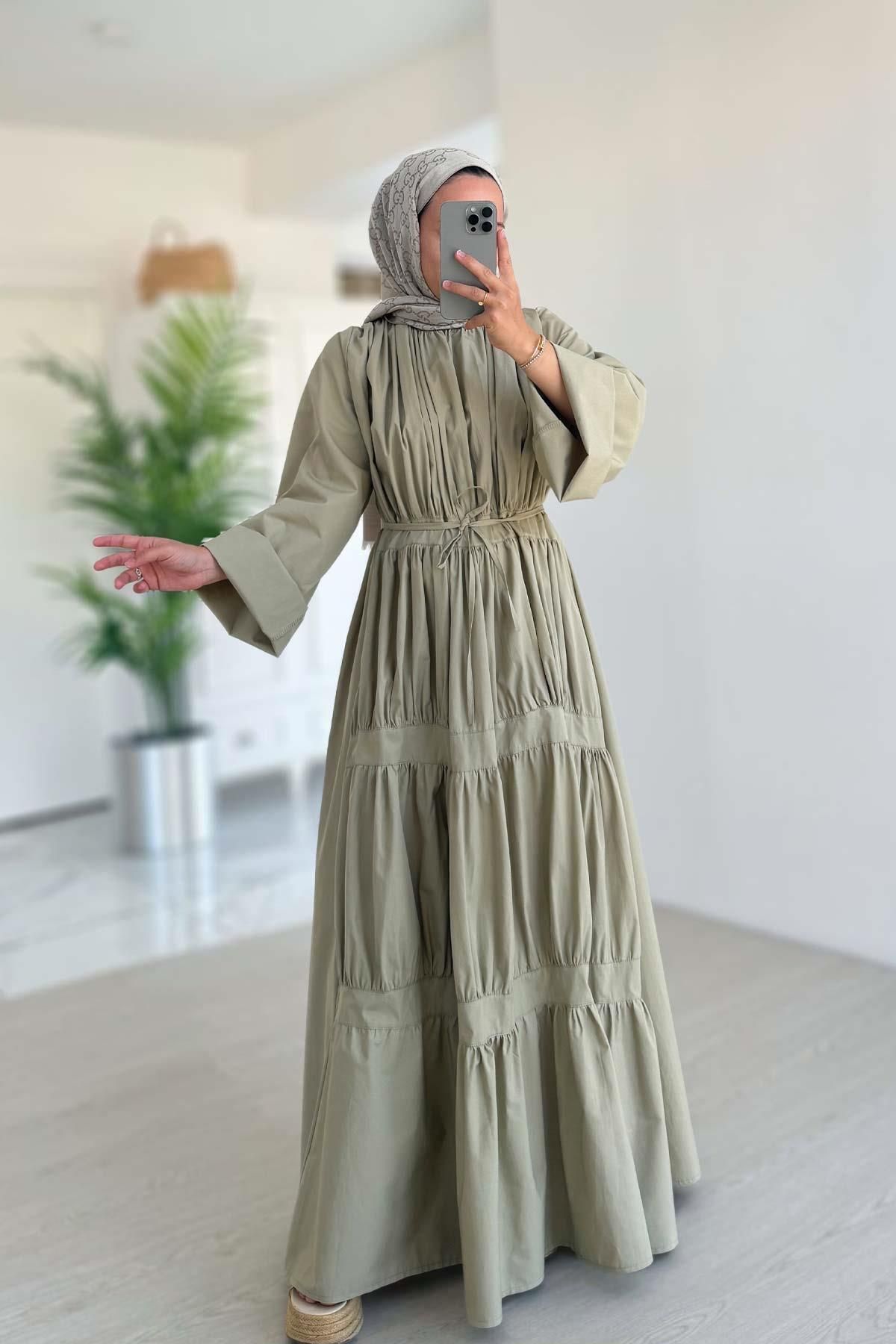 Ka Hijab Bel Bağcıklı Kat Kat Elbise - Yeşil