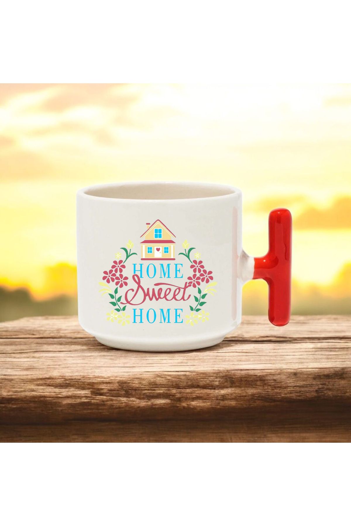 BB TRADE Home Sweet Home Tasarımlı Kırmızı T Kulplu Seramik Baskılı Kupa Bardak 250 ML